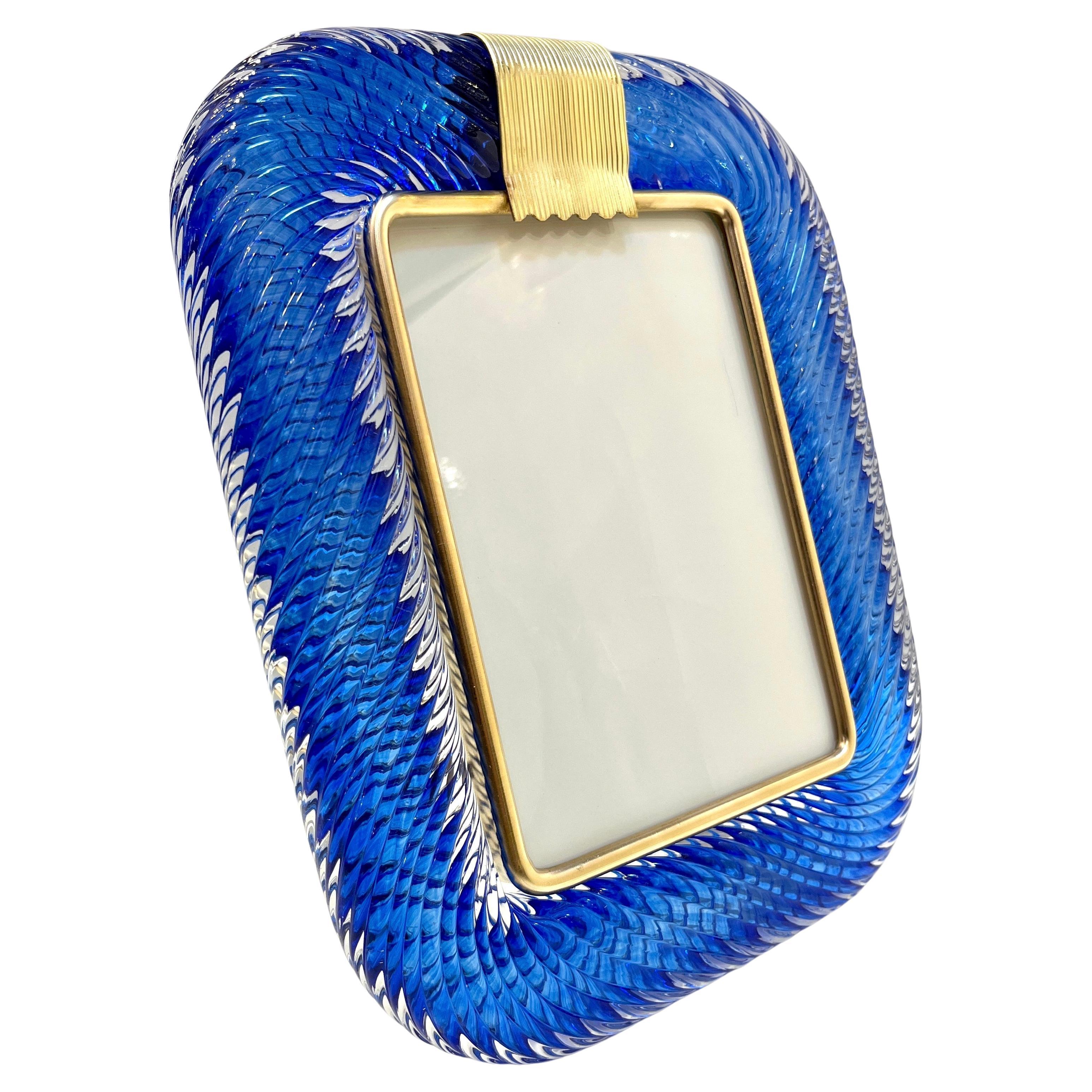 2000s Barovier Toso Italian Royal Blue Twisted Murano Glass Brass Picture Frame For Sale