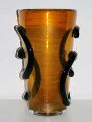 Giulio Ferro Italian Modern Pair of Iridescent Gold and Black Murano Glass Vases
