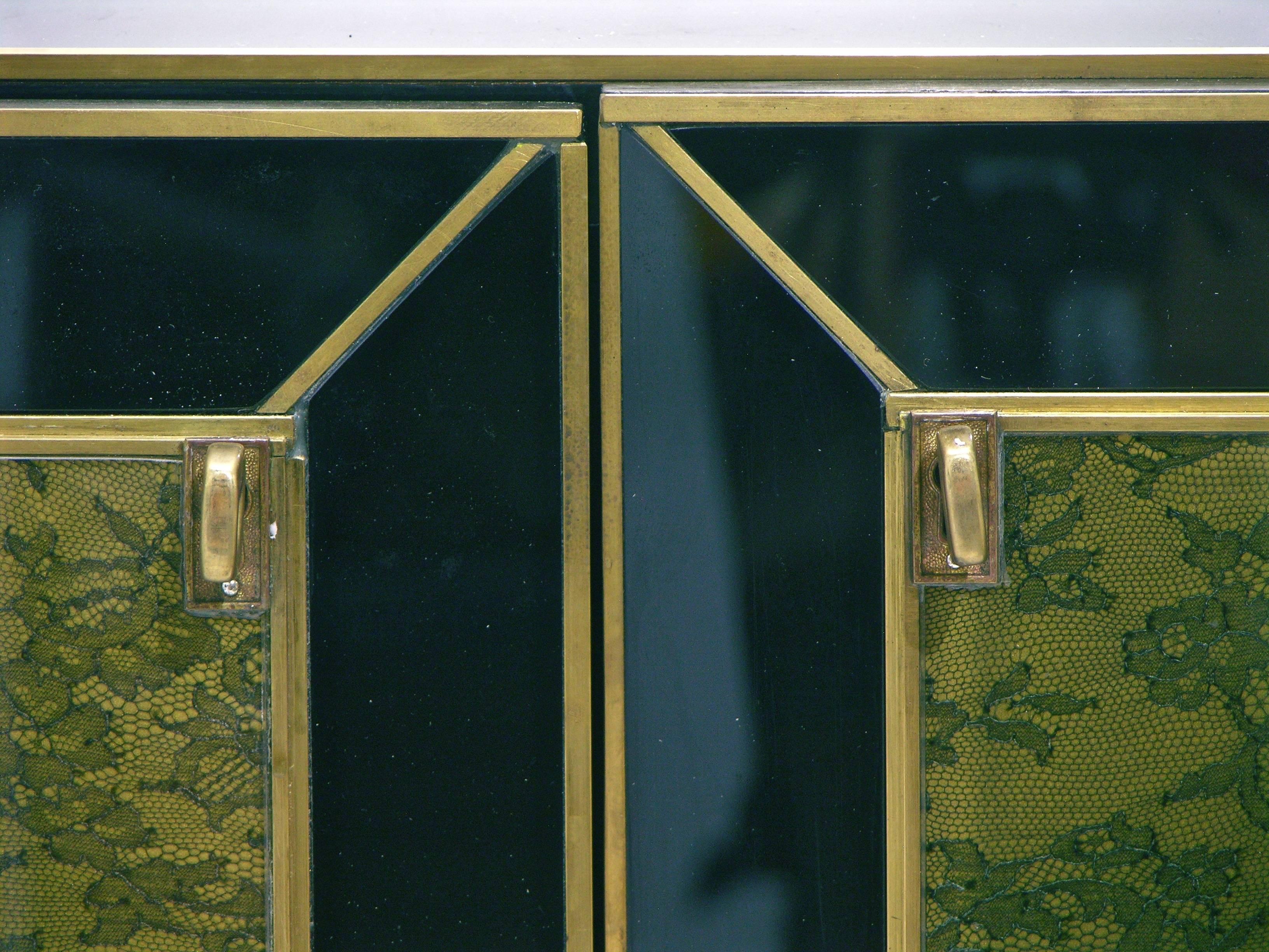 Romantic 1970s One-of-a-Kind Italian Brass & Black Glass Cabinet with Green Lace Inlays
