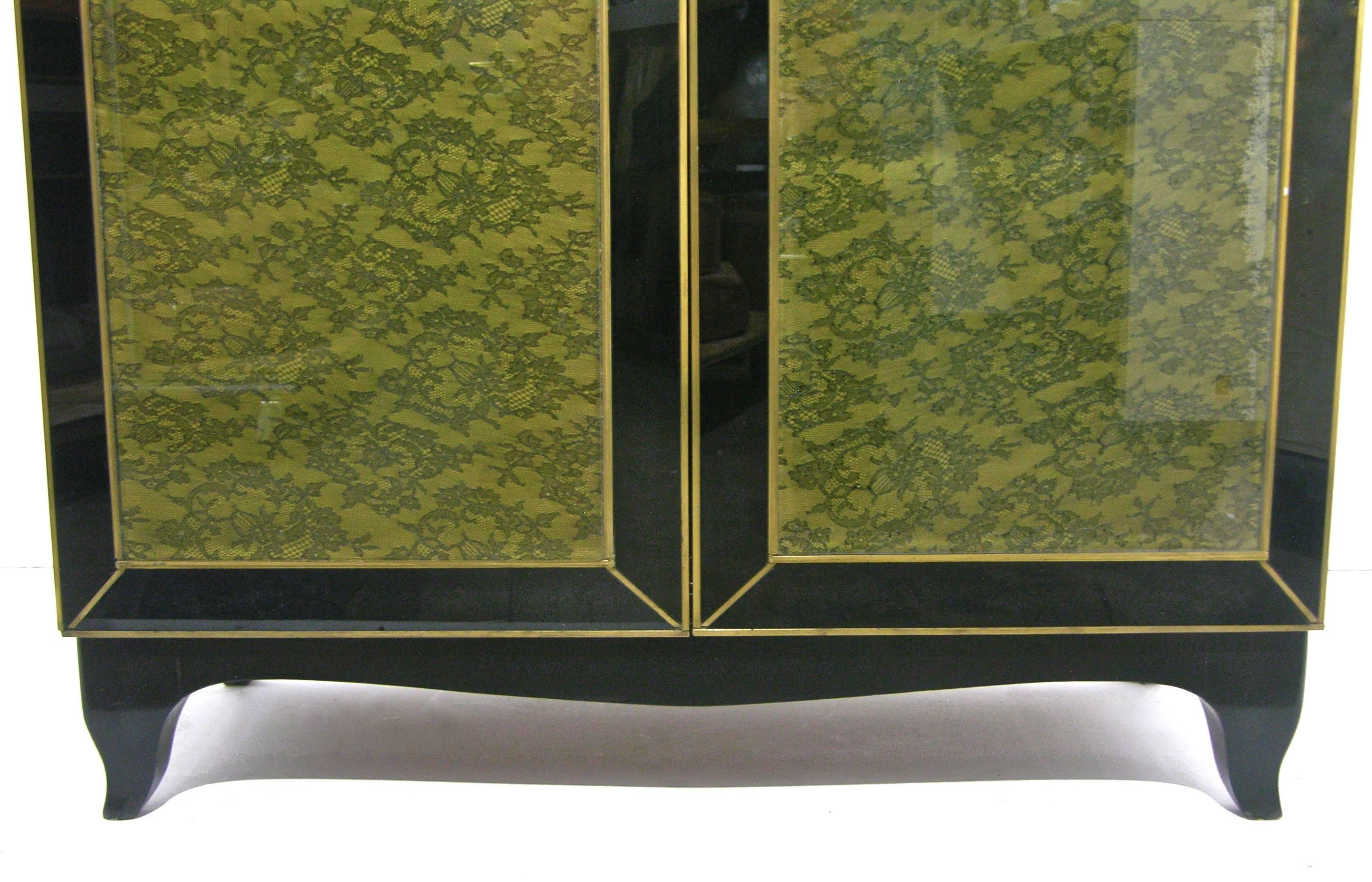 Bronze 1970s One-of-a-Kind Italian Brass & Black Glass Cabinet with Green Lace Inlays