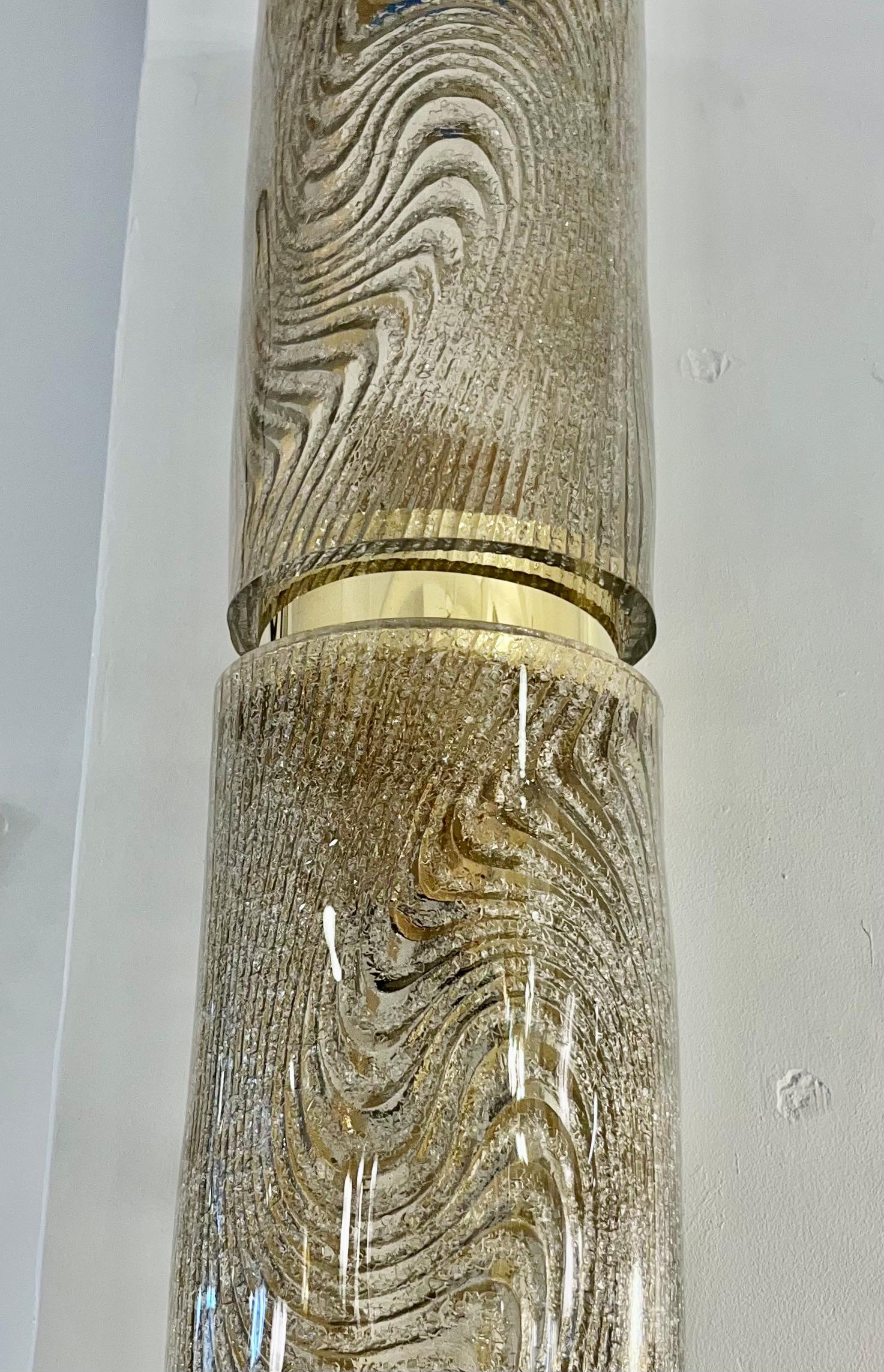 Contemporary Modern Italian Pair of Smoked Frosted Murano Glass & Brass Wall / Ceiling Lights For Sale