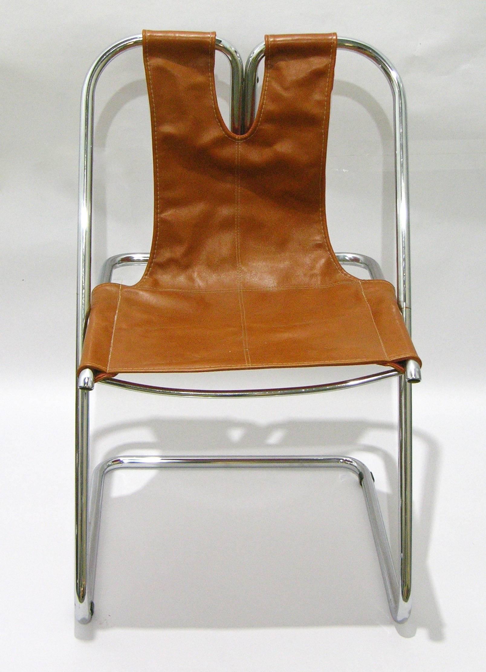 Hand-Crafted 1960s Italian Set of Four Hand-Stitched Leather and Chrome Chairs For Sale