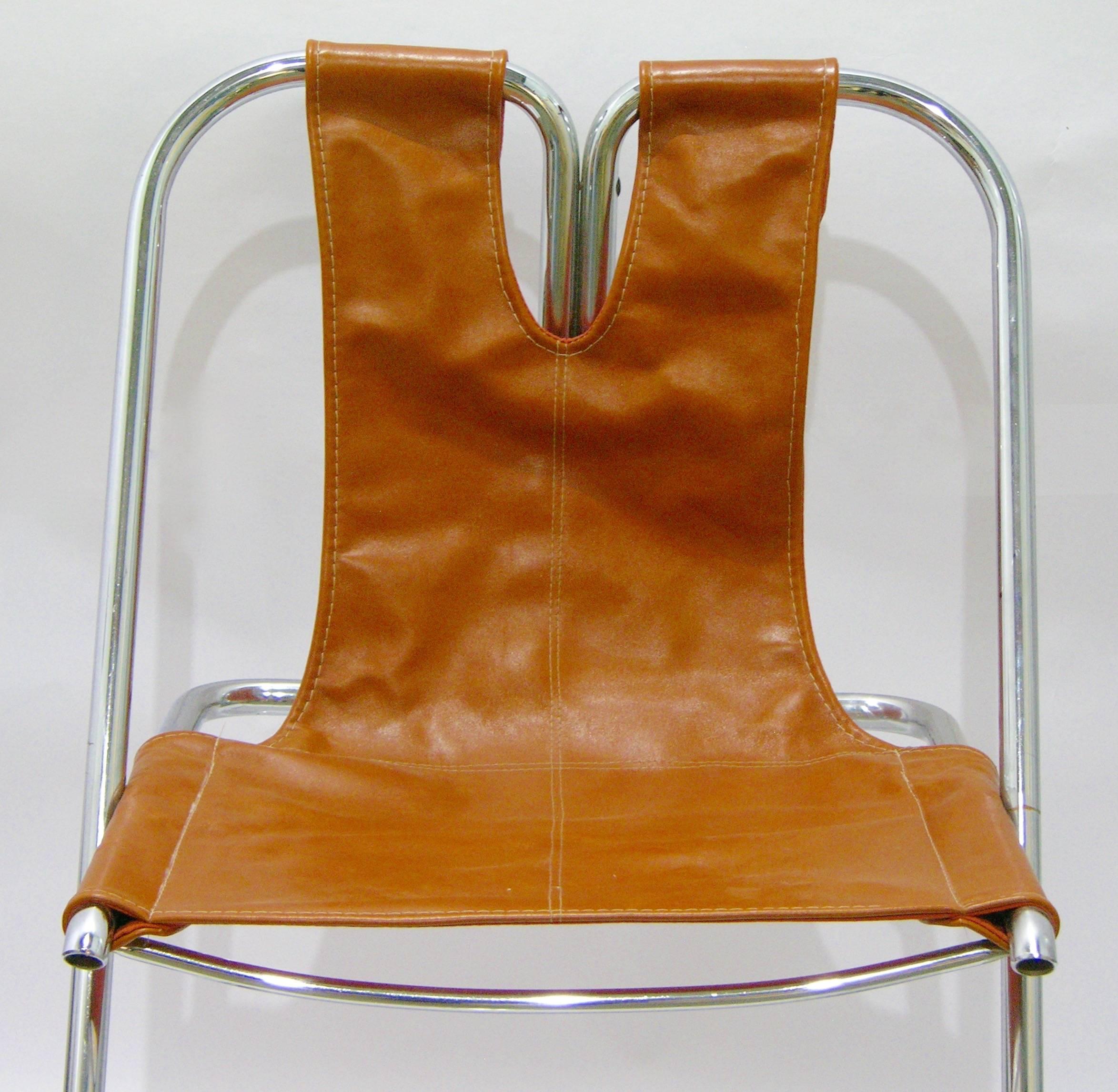 Mid-20th Century 1960s Italian Set of Four Hand-Stitched Leather and Chrome Chairs For Sale