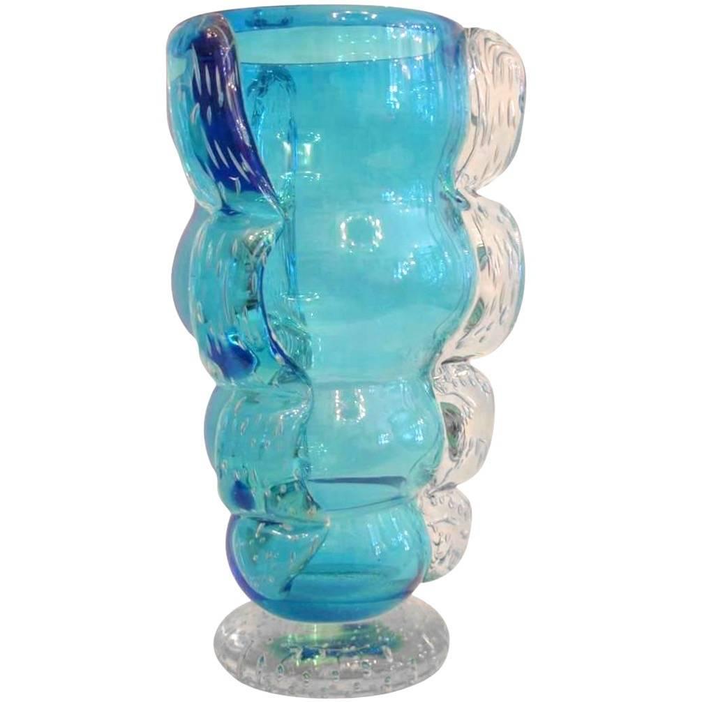 Signed Italian Vase in Sky Blue Murano Glass For Sale at 1stdibs