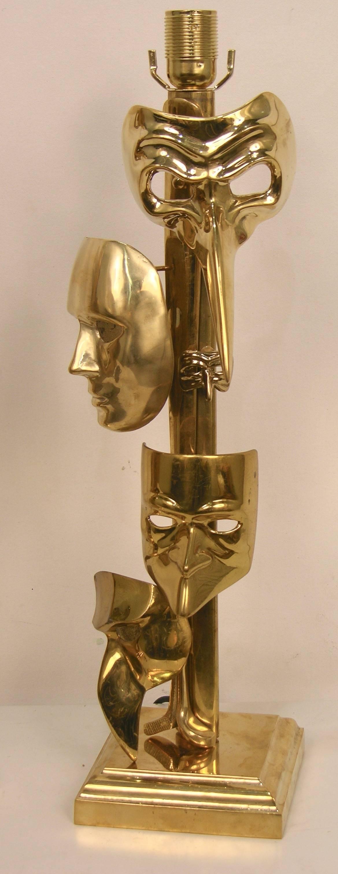 One of a Kind Italian Pair Deco Modern Art Lamps with Cast Brass Carnival Masks For Sale 5