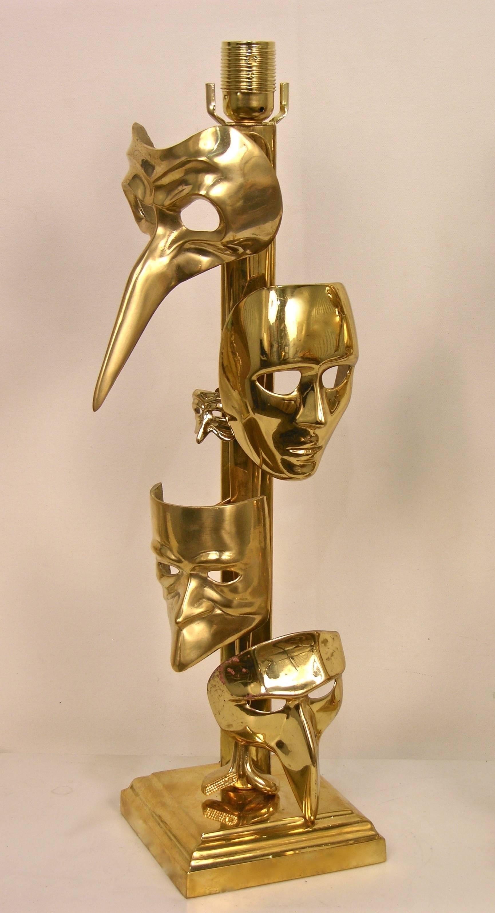 One of a Kind Italian Pair Deco Modern Art Lamps with Cast Brass Carnival Masks In Good Condition For Sale In New York, NY