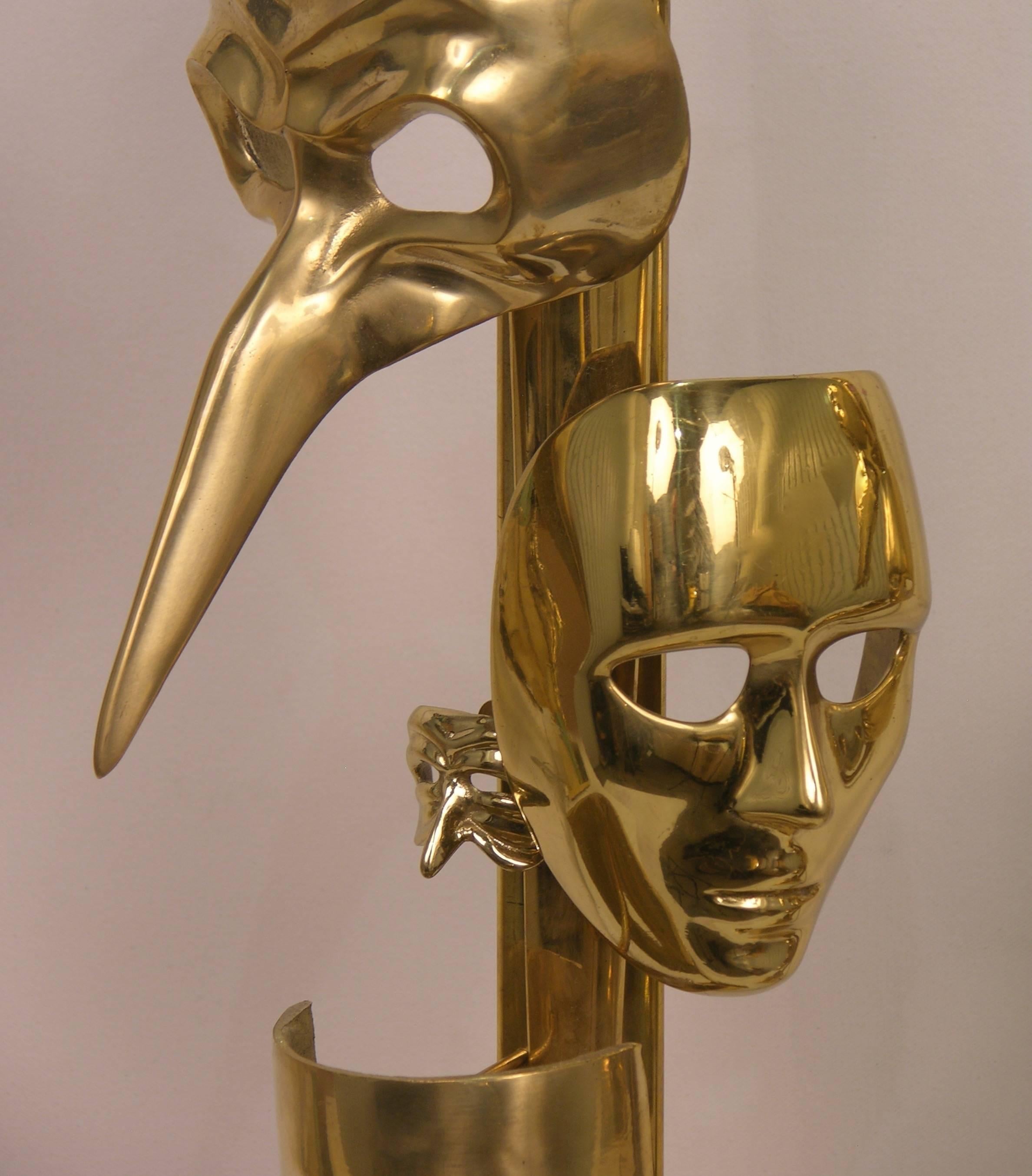 One of a Kind Italian Pair Deco Modern Art Lamps with Cast Brass Carnival Masks For Sale 3