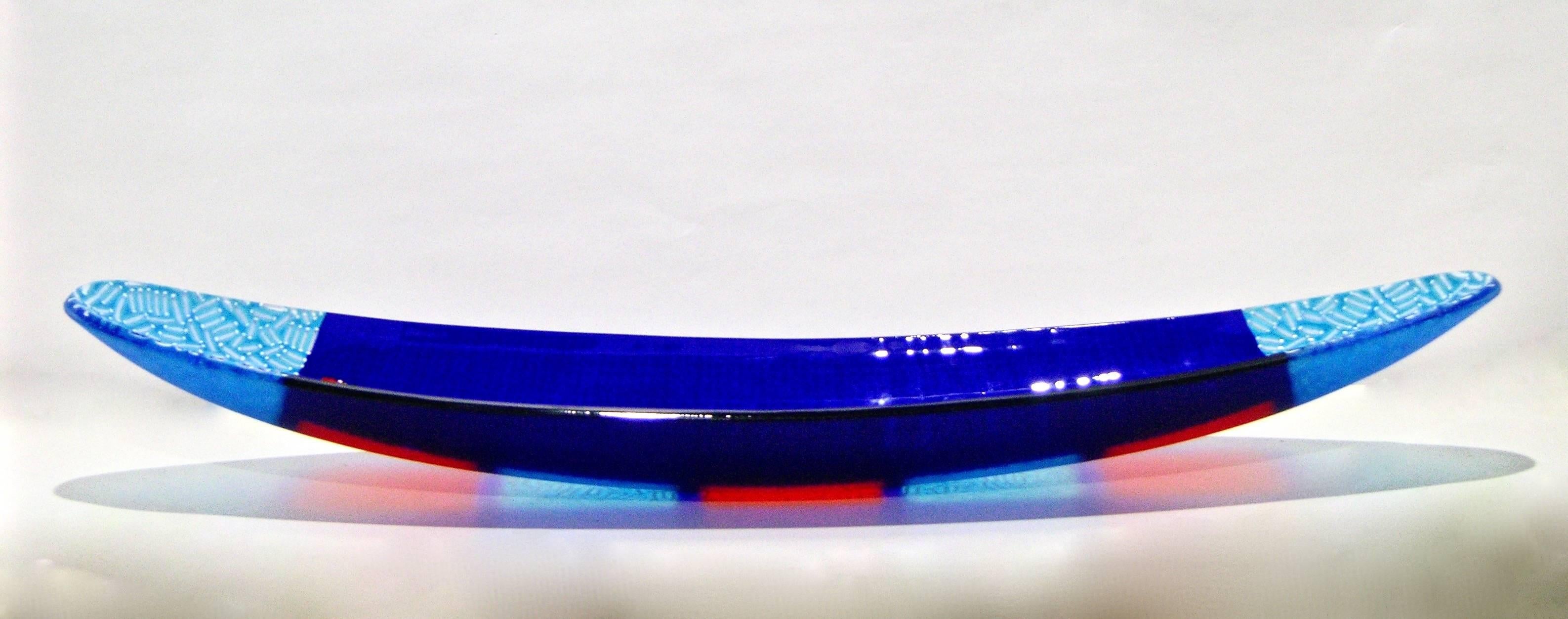 Italian Orientalist Azure Blue and Red Murano Glass Bowl Modern Centerpiece  In Excellent Condition For Sale In New York, NY