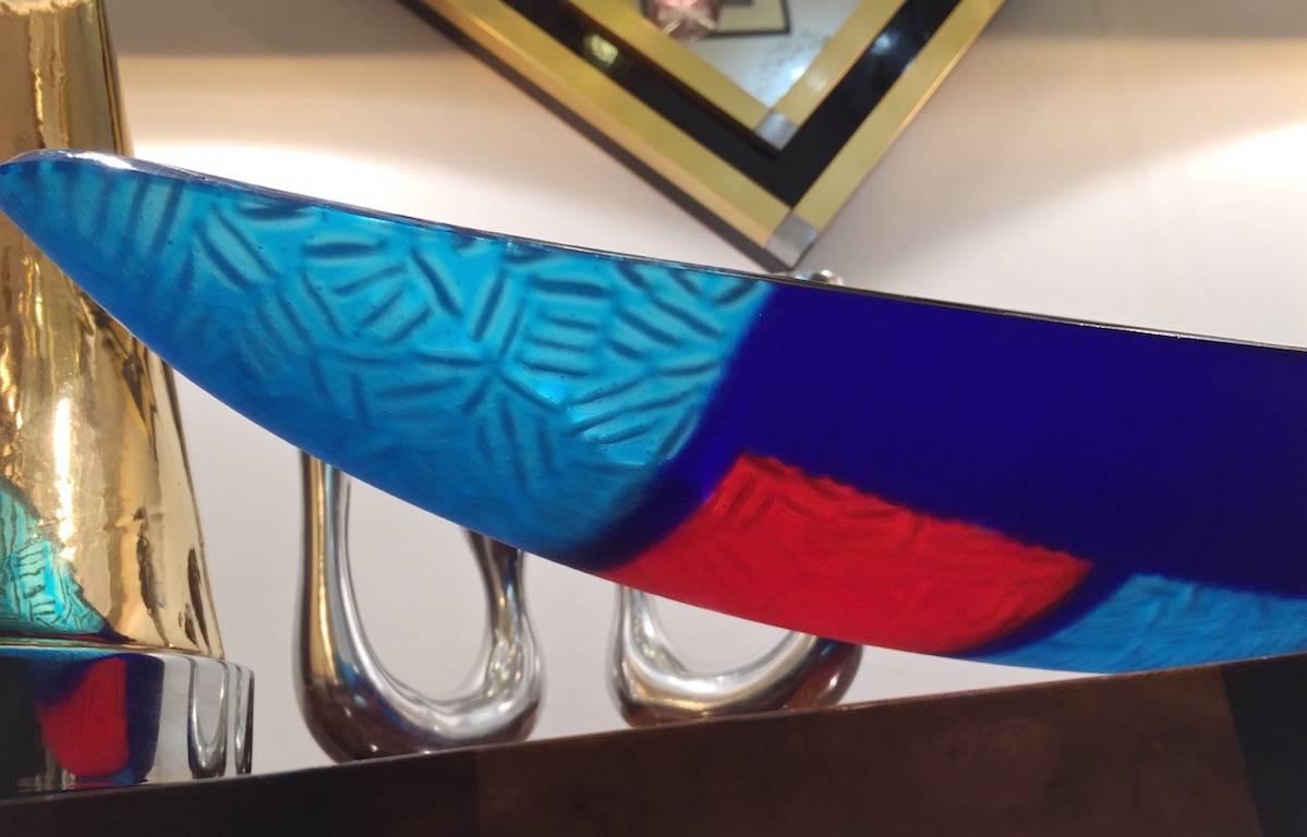 Italian Orientalist Azure Blue and Red Murano Glass Bowl Modern Centerpiece For Sale 1