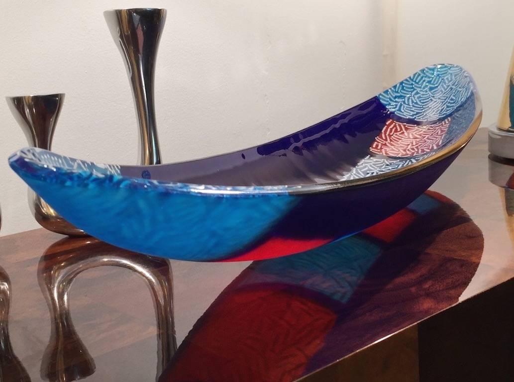Organic Modern Italian Orientalist Azure Blue and Red Murano Glass Bowl Modern Centerpiece  For Sale