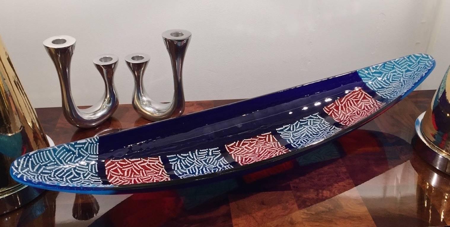 Hand-Crafted Italian Orientalist Azure Blue and Red Murano Glass Bowl Modern Centerpiece  For Sale