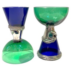 Vintage 1980 Domar Israel Art Nouveau Style Green Cobalt Blue Glass Silver Vase Glasses