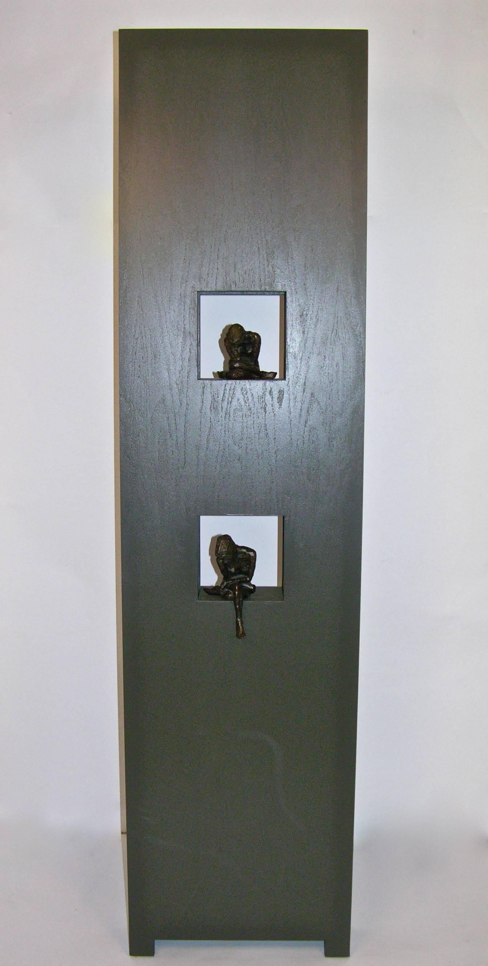 French Modern Sculpture of a Painted Oak Room Divider / Screen with Two Bronzes 3