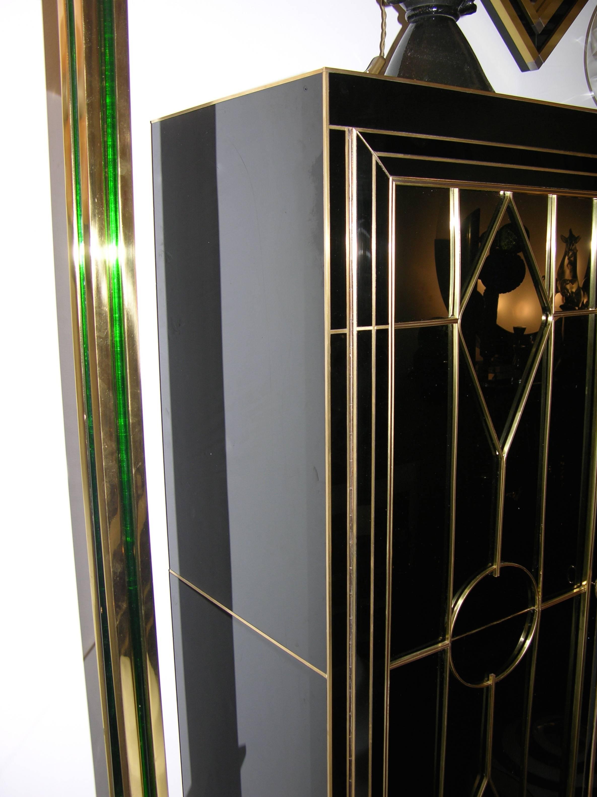 Hand-Crafted Italian Art Deco Style Black Glass Cabinet/Bar with Bronze Highlights