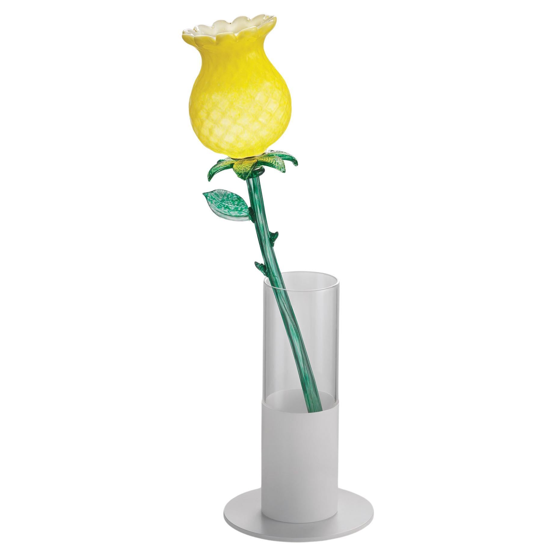 Lampada da vaso/tavolo di design italiano, moderna, in vetro artistico giallo, con fiori accesi