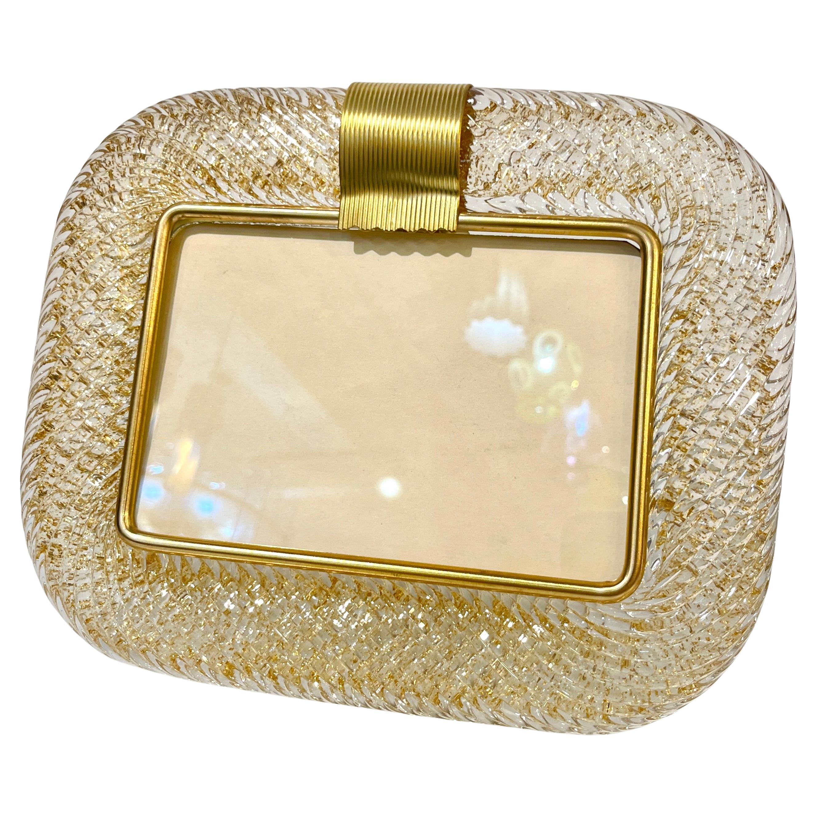 2000s Barovier Toso Italian Twisted Gold Leaf Murano Glass Brass Picture Frame For Sale