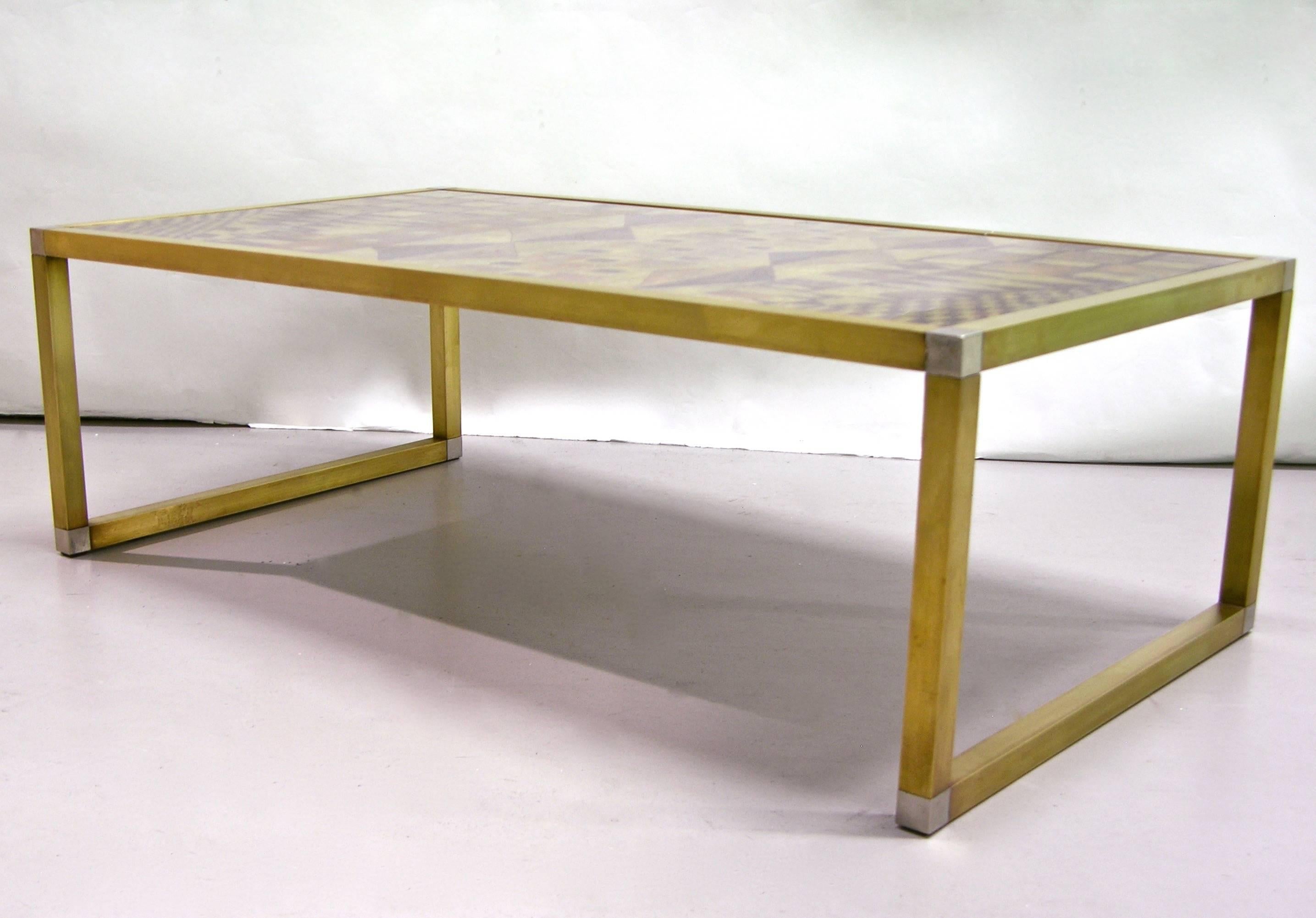 Brushed 1970s Italian Art Deco Abstract Design Brass Coffee/Sofa Table with Gold Leaf