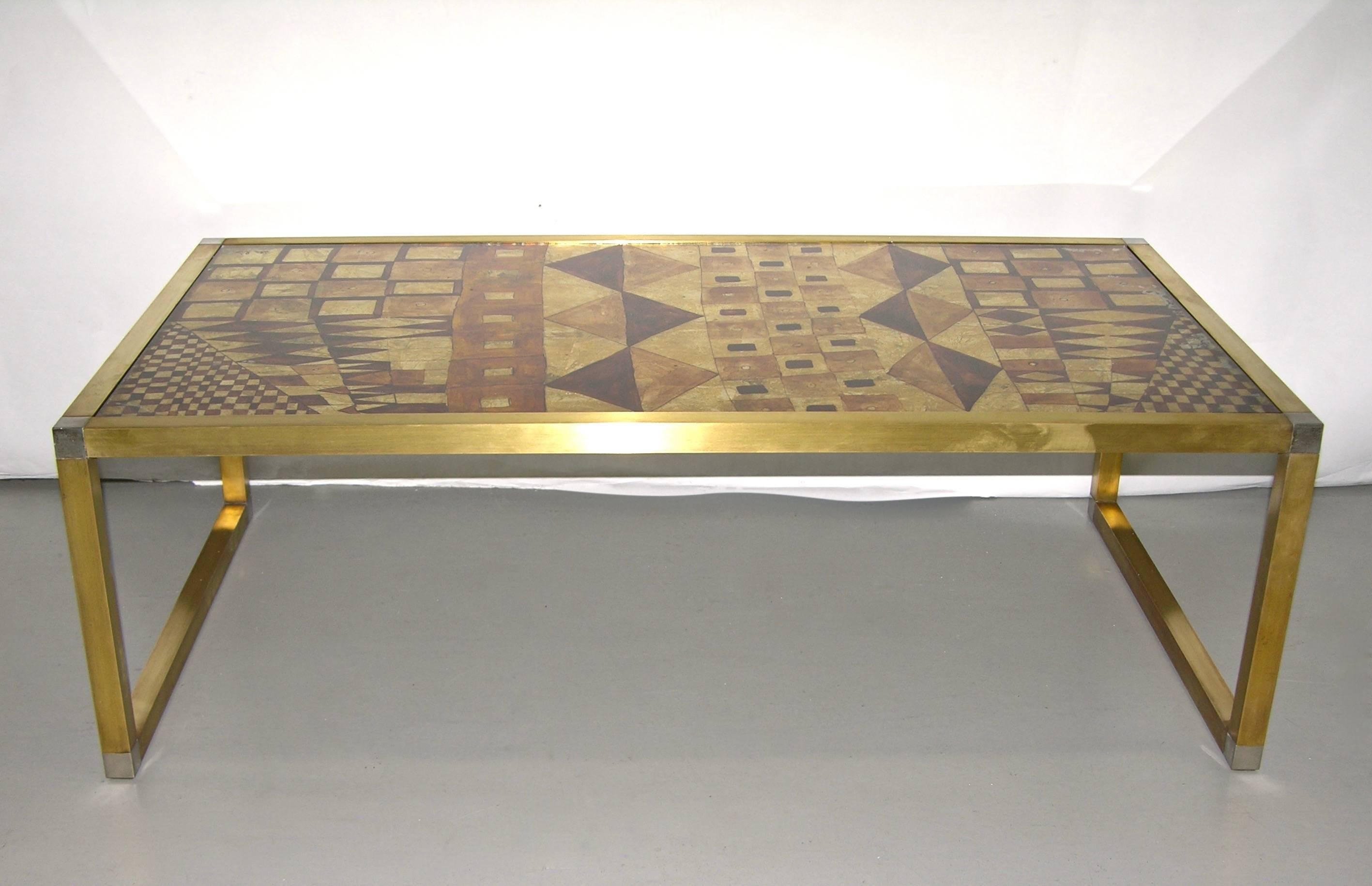 Late 20th Century 1970s Italian Art Deco Abstract Design Brass Coffee/Sofa Table with Gold Leaf