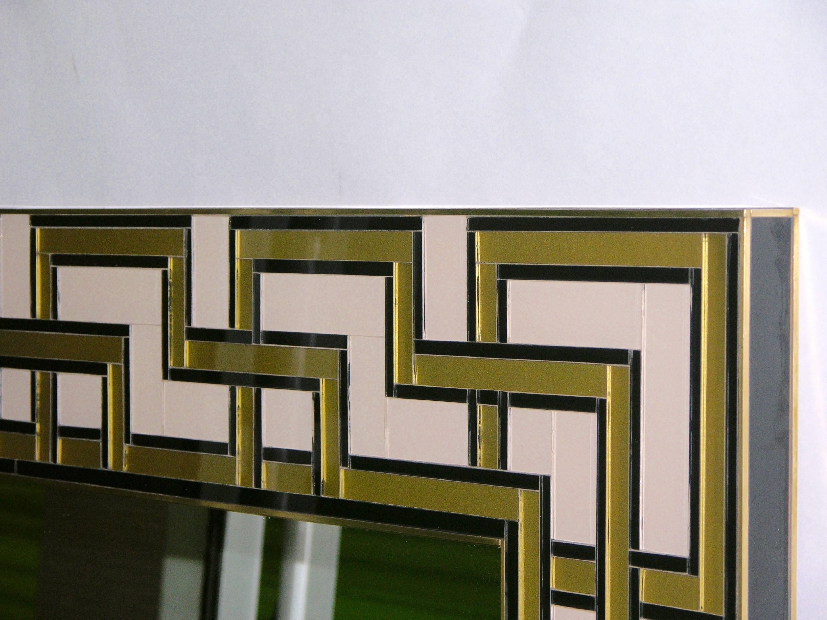Brass 1970s Italian White and Gold Murano Glass Mirror with Gold Geometric Decor