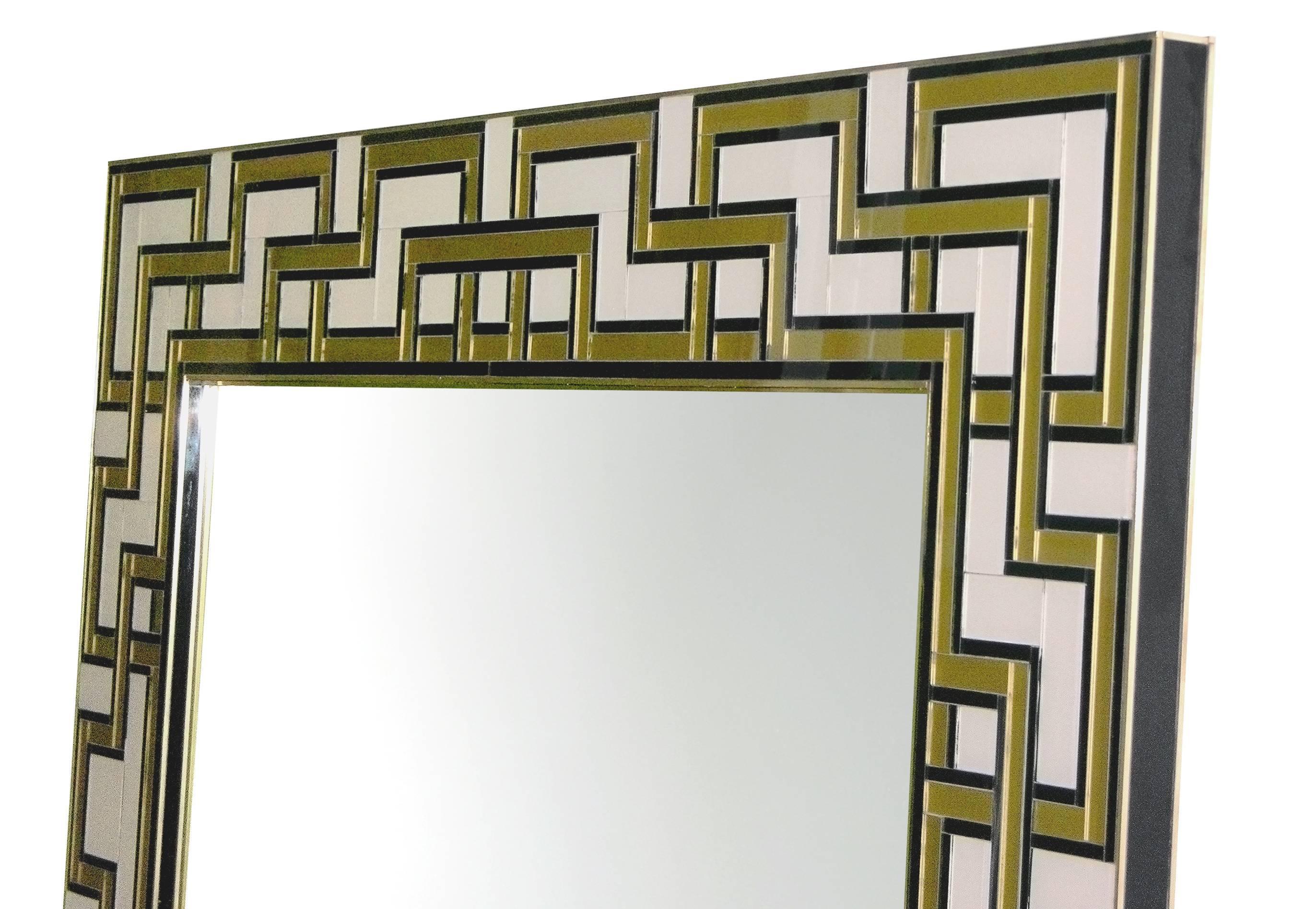 Mid-Century Modern 1970s Italian White and Gold Murano Glass Mirror with Gold Geometric Decor