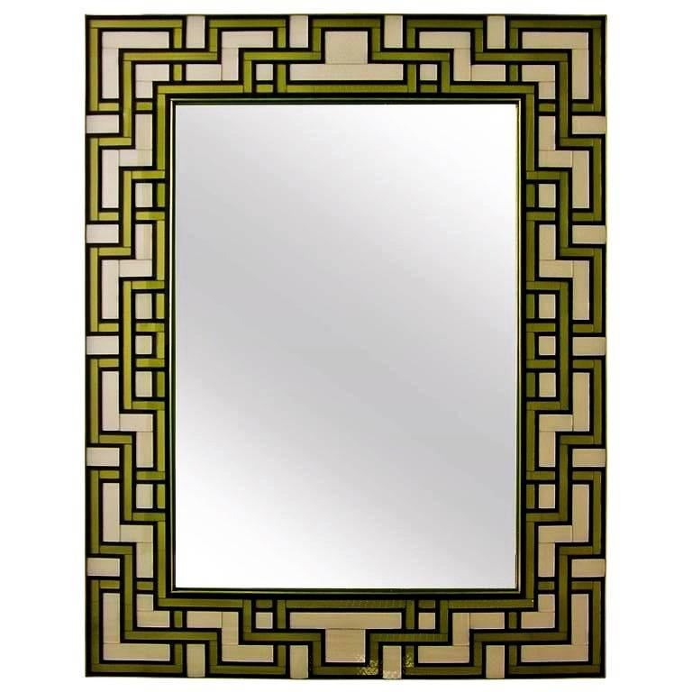 1970s Italian White and Gold Murano Glass Mirror with Gold Geometric Decor