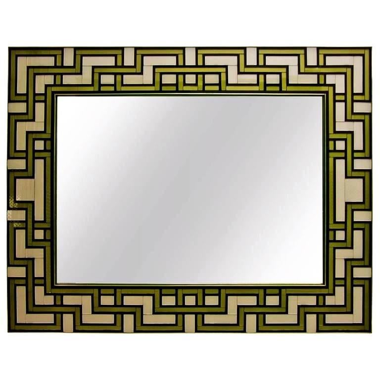 1970s Italian White and Gold Murano Glass Mirror with Gold Geometric Decor 1