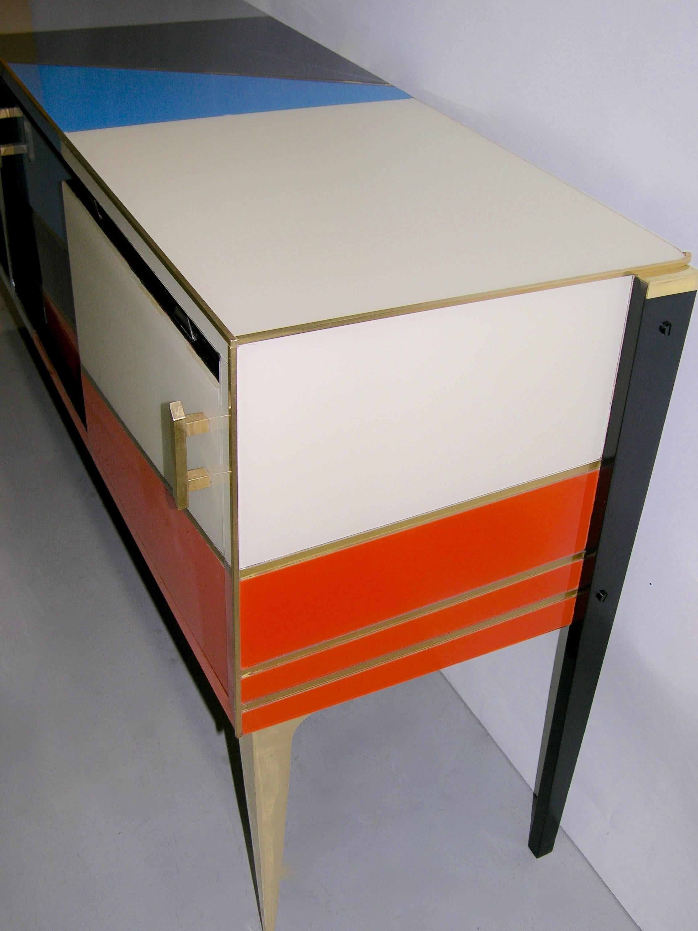 1980 One-of-a-Kind Italian Modern Colored Glass Sideboard with Sliding Doors In Excellent Condition In New York, NY