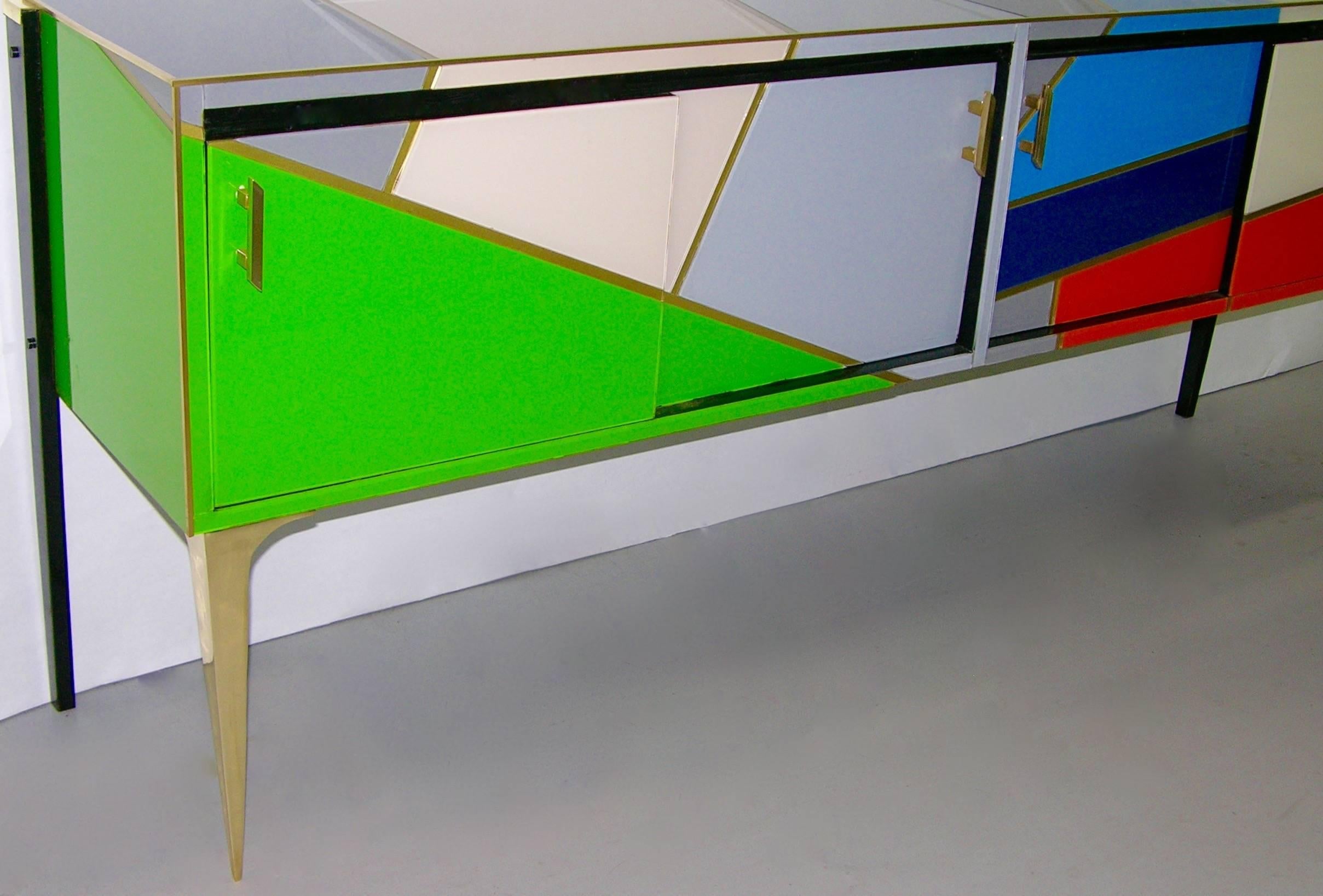 20th Century 1980 One-of-a-Kind Italian Modern Colored Glass Sideboard with Sliding Doors