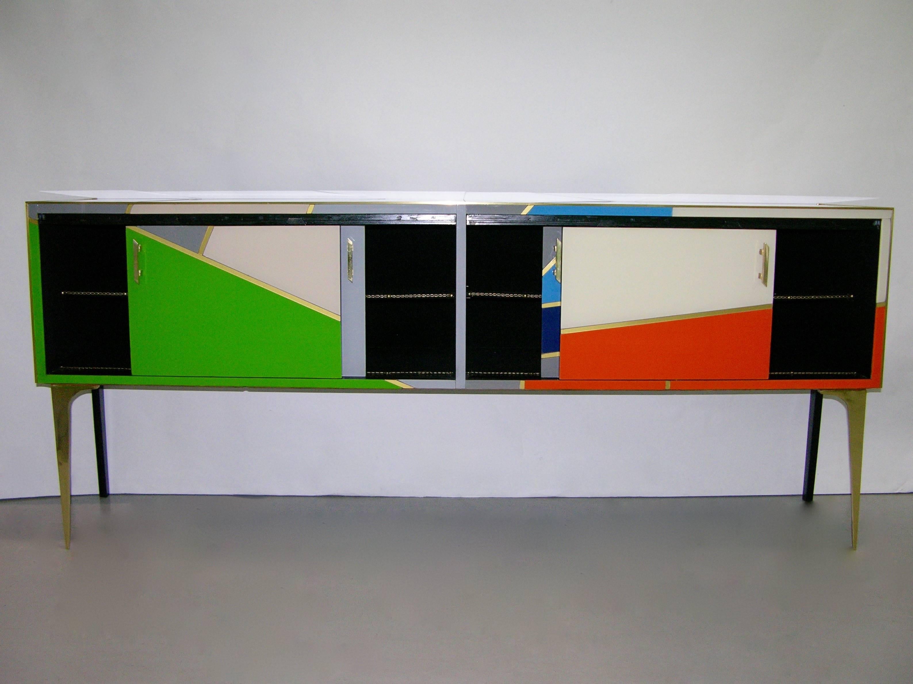 1980 One-of-a-Kind Italian Modern Colored Glass Sideboard with Sliding Doors 1