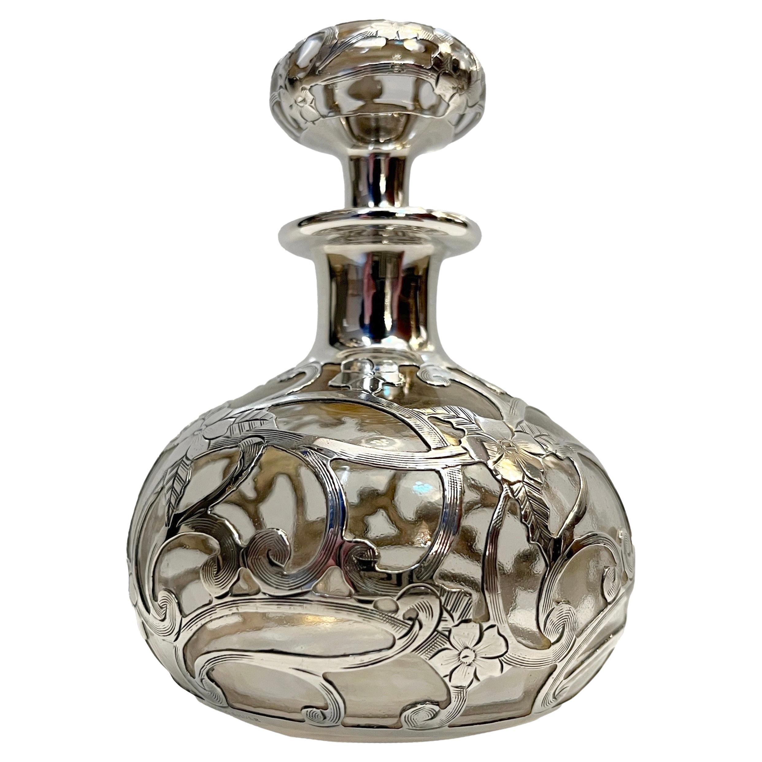 Französisch Art Deco Sterling Silber Blume Overlay Kristallglas Parfümflasche