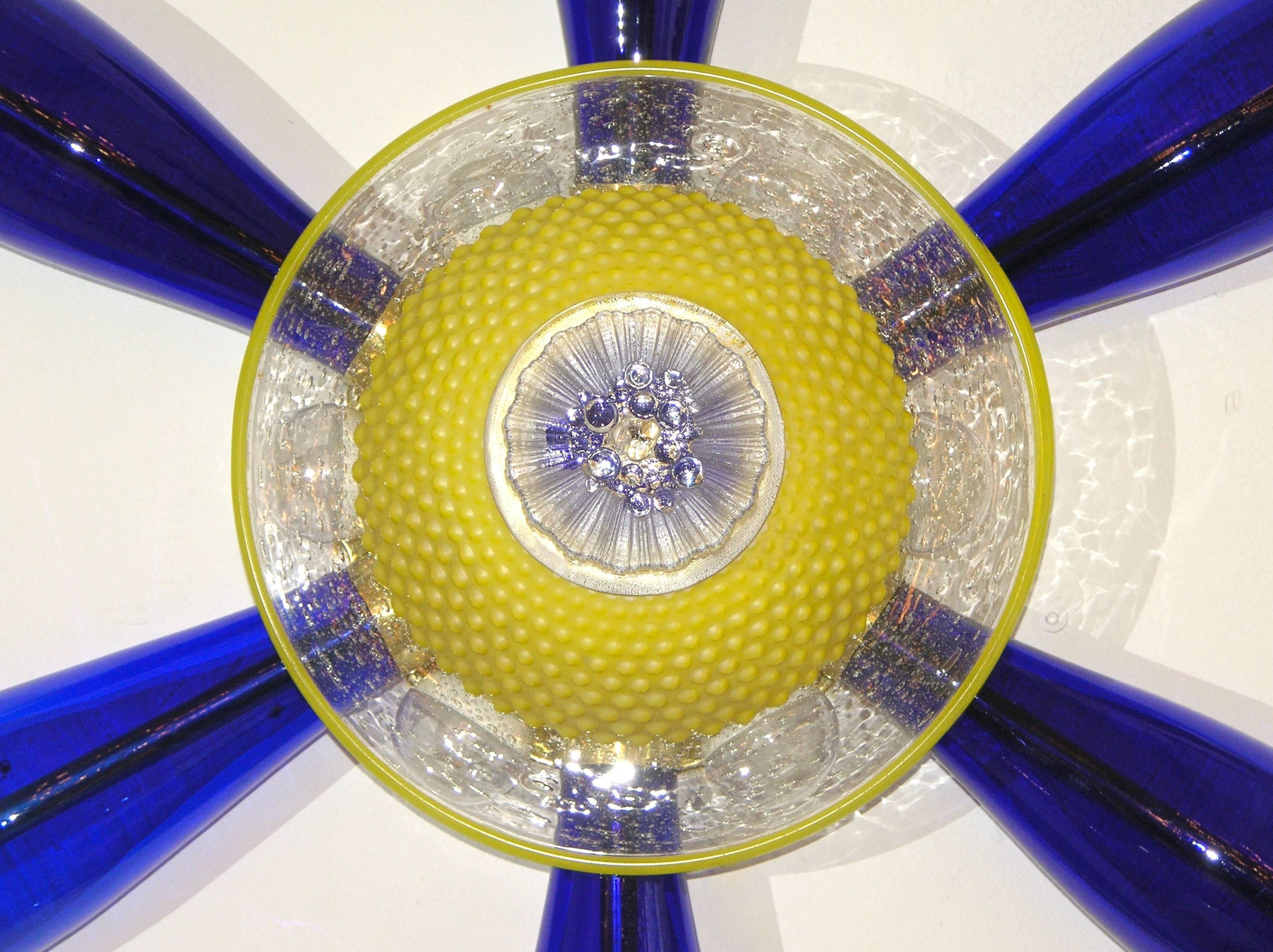 Hand-Crafted 1960 Vintage Italian Pair of Unique Star Sconces in Yellow and Blue Murano Glass