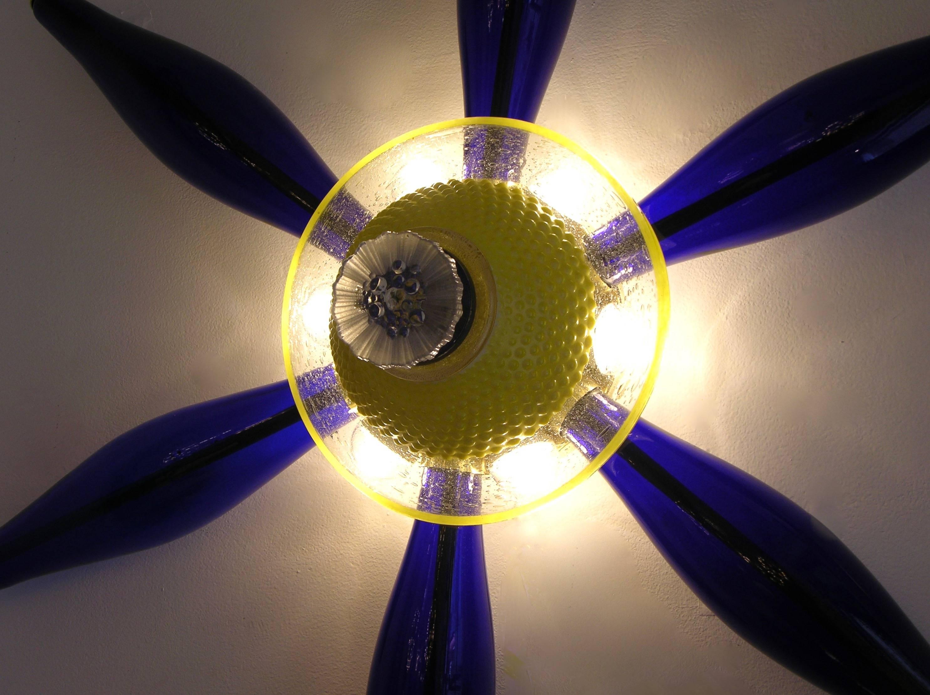 1960 Vintage Italian Pair of Unique Star Sconces in Yellow and Blue Murano Glass 1