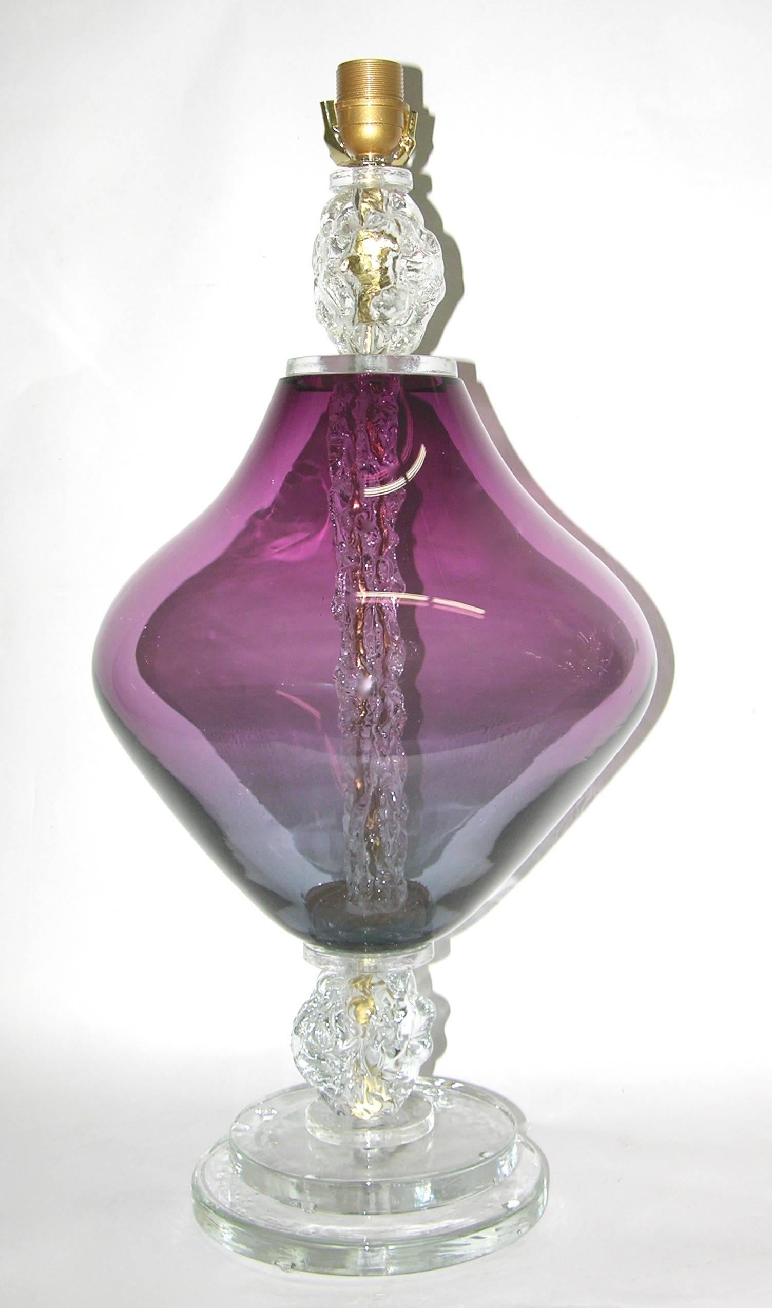 Pair of Contemporary Italian Lavender Purple Murano Glass Lamps with Ice Accents 1