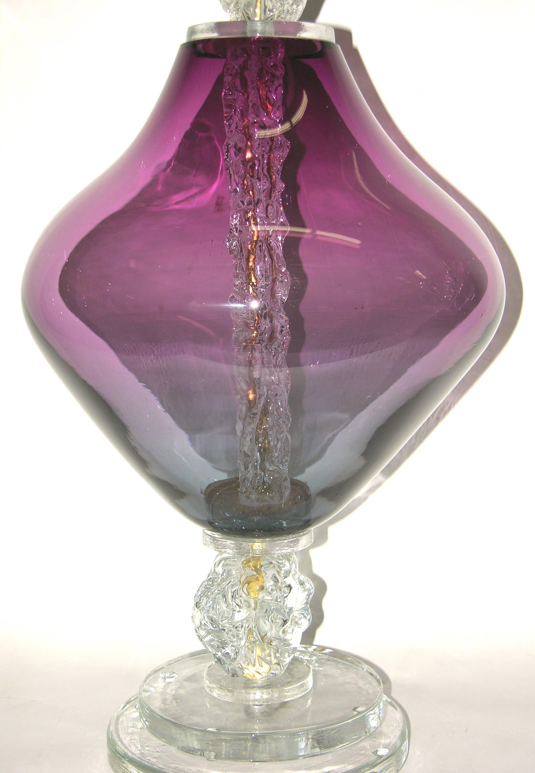 Pair of Contemporary Italian Lavender Purple Murano Glass Lamps with Ice Accents 5