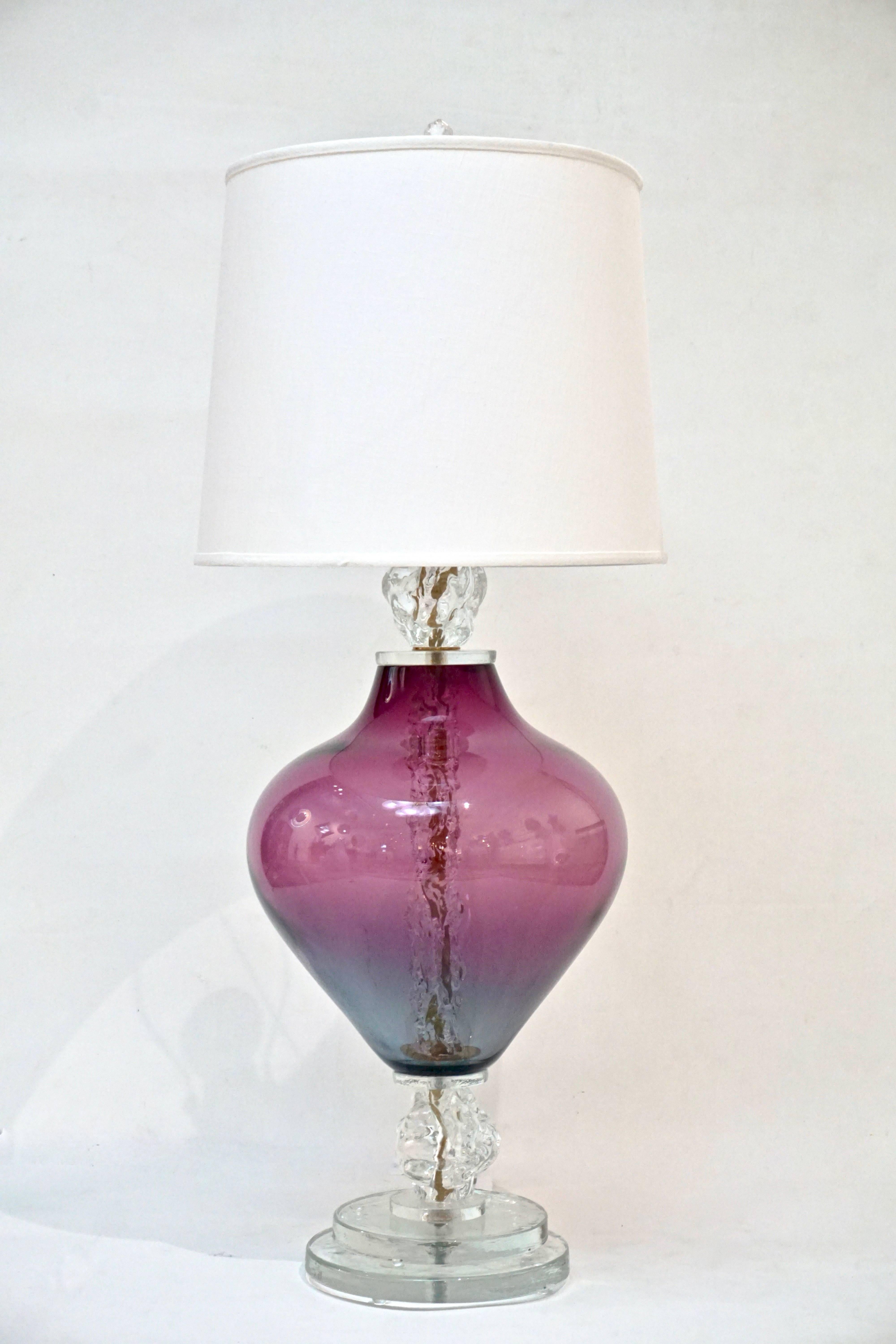 Pair of Contemporary Italian Lavender Purple Murano Glass Lamps with Ice Accents 4