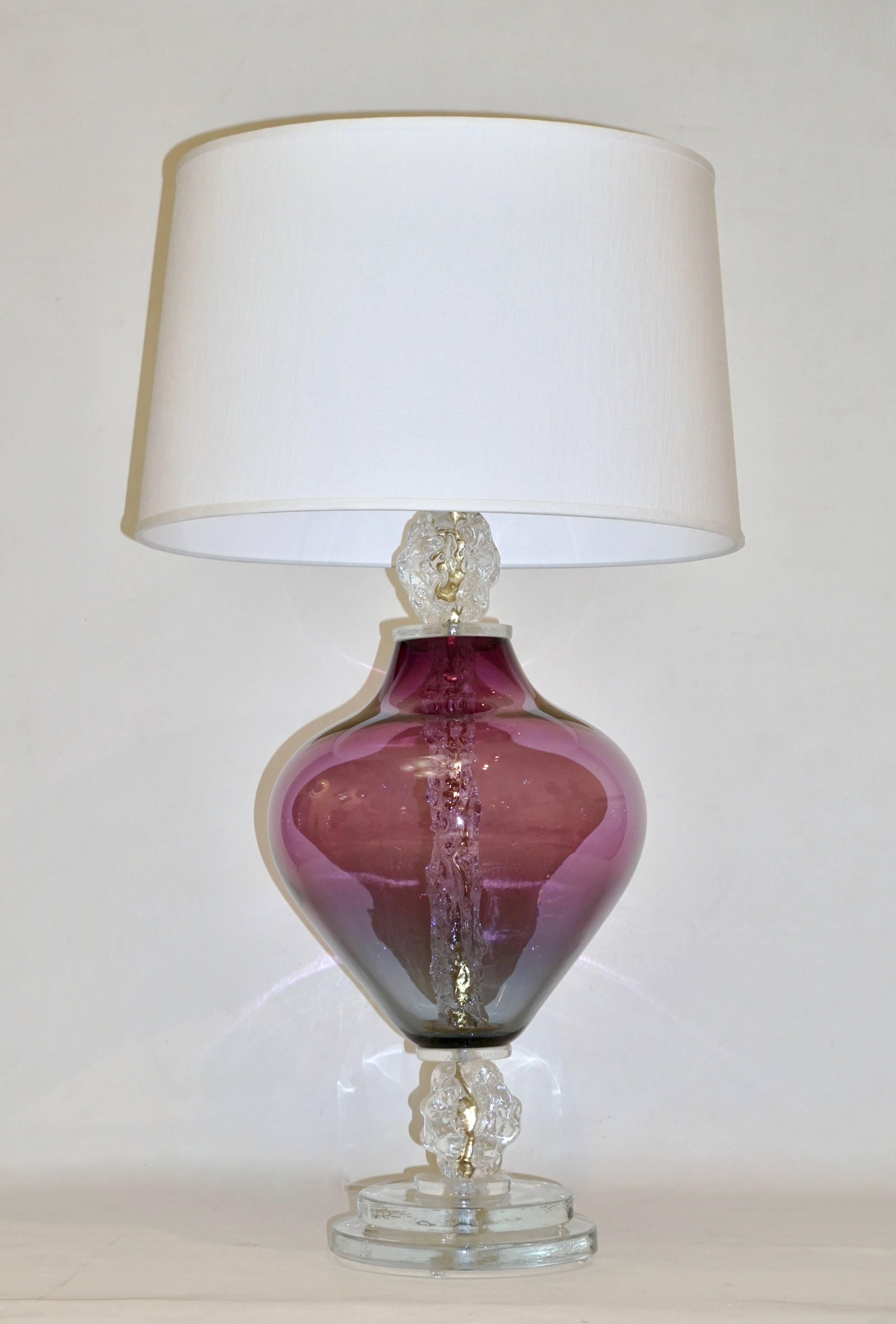 Modern Pair of Contemporary Italian Lavender Purple Murano Glass Lamps with Ice Accents