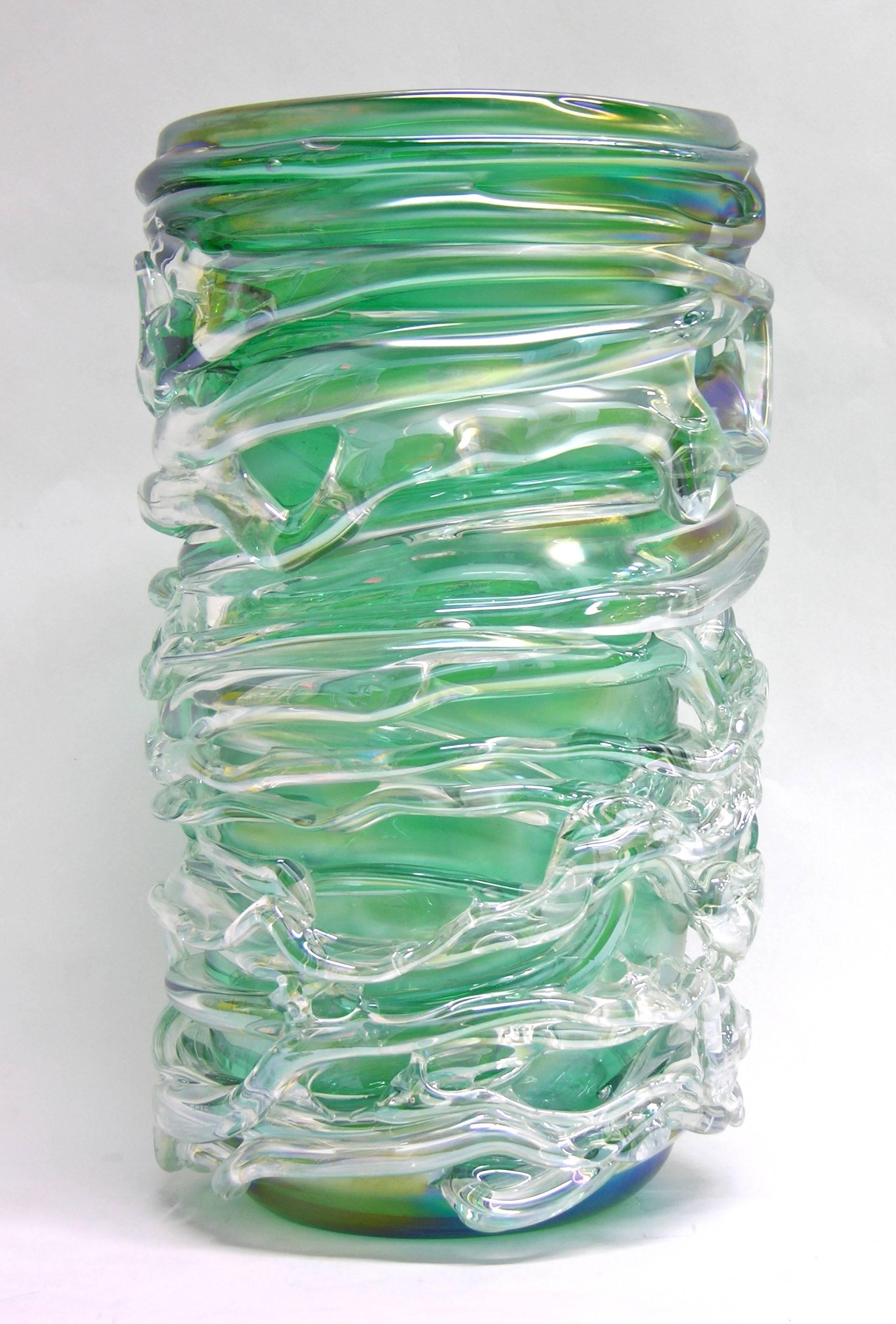 Camozzo Tall Modern Emerald Green Iridescent Murano Glass Vase 1