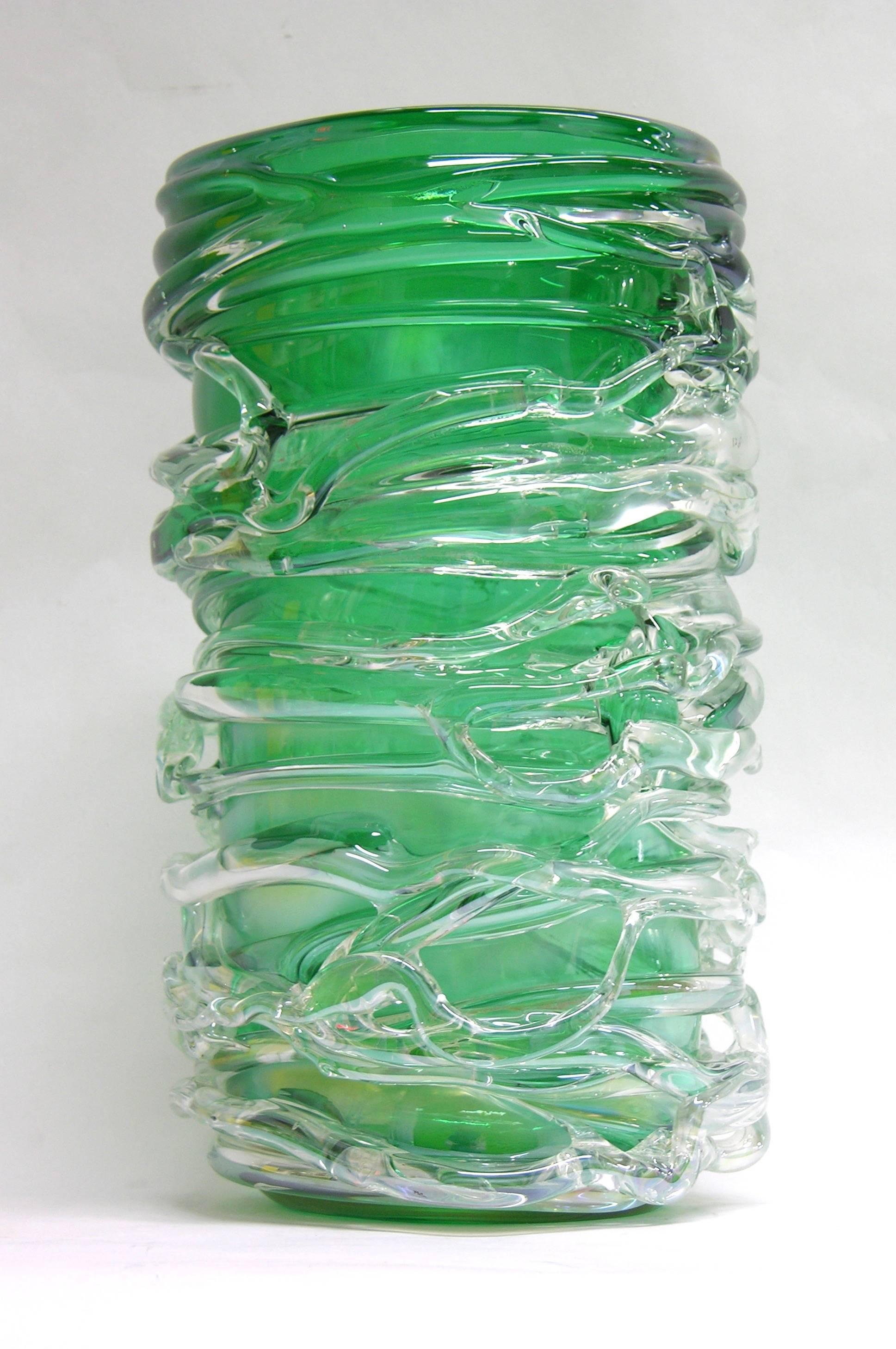 Camozzo Tall Modern Emerald Green Iridescent Murano Glass Vase 4