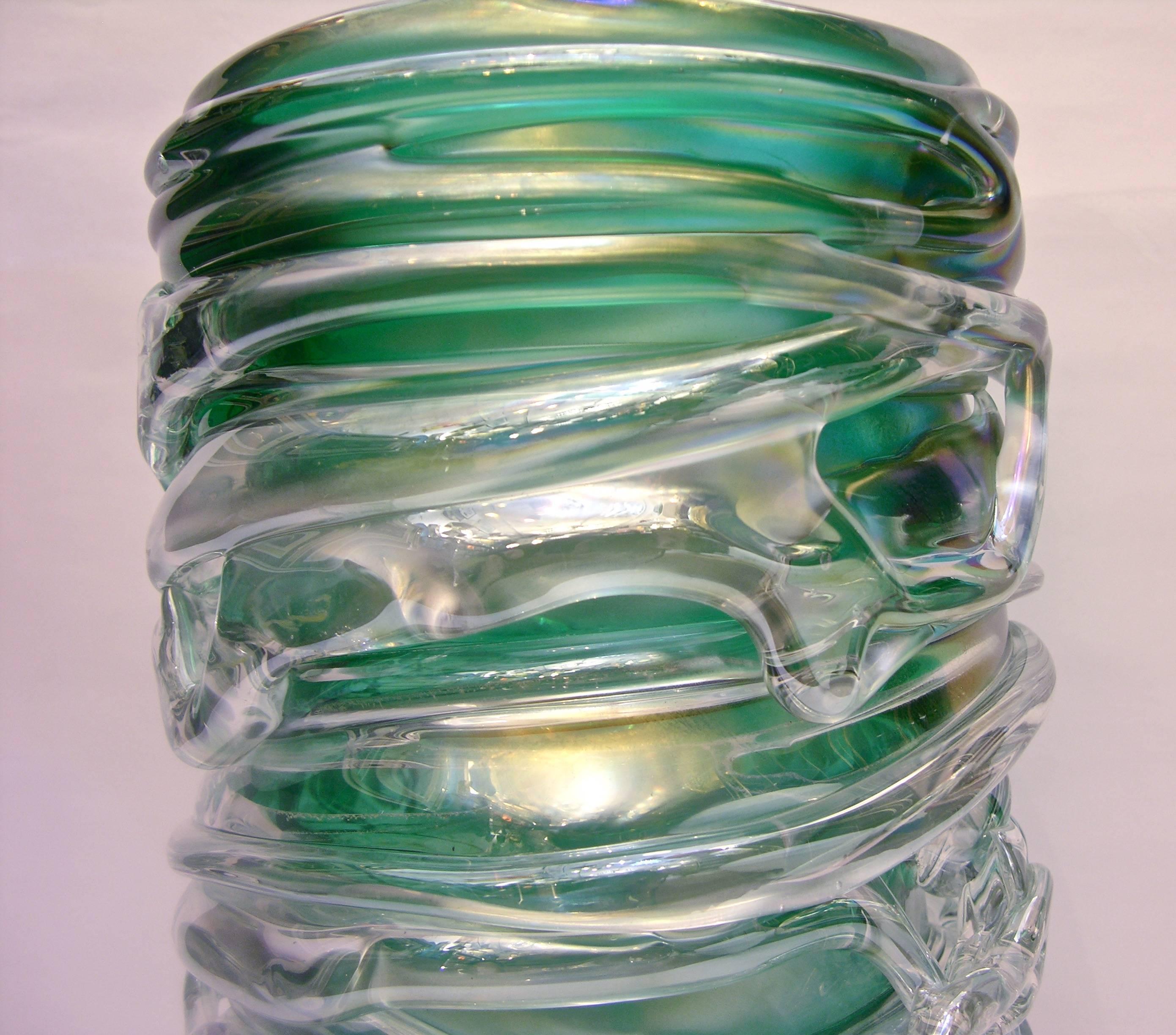 Late 20th Century Camozzo Tall Modern Emerald Green Iridescent Murano Glass Vase