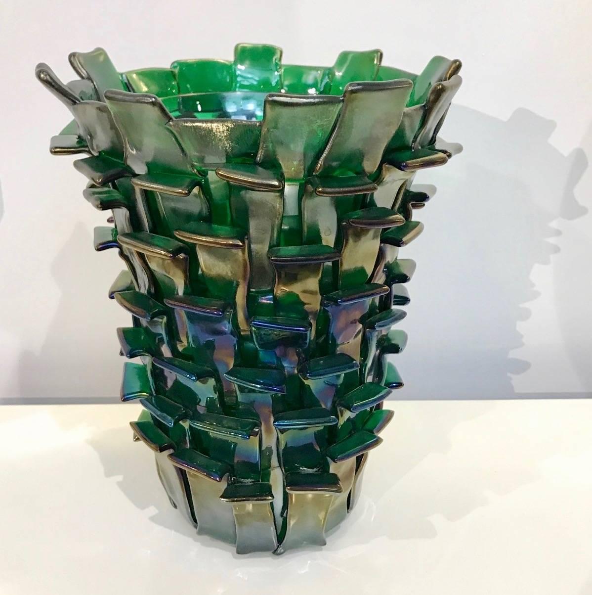 Modern Venini Ritagli 2010 Sculptural Iridescent Green Murano Glass Vase