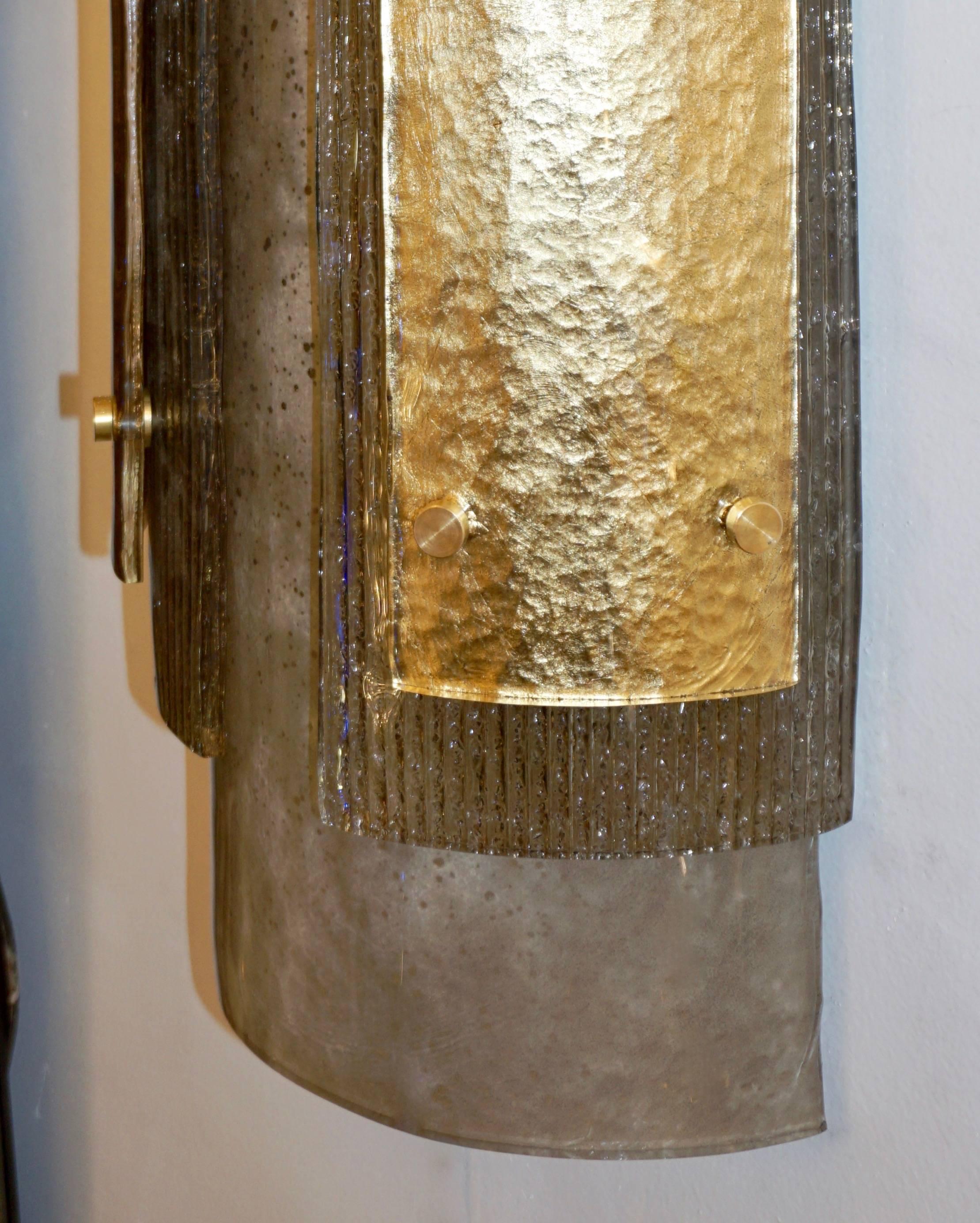 Contemporary Italian Pair of Modern Gold Smoked Gray and Frosted Ivory Murano Glass Sconces For Sale
