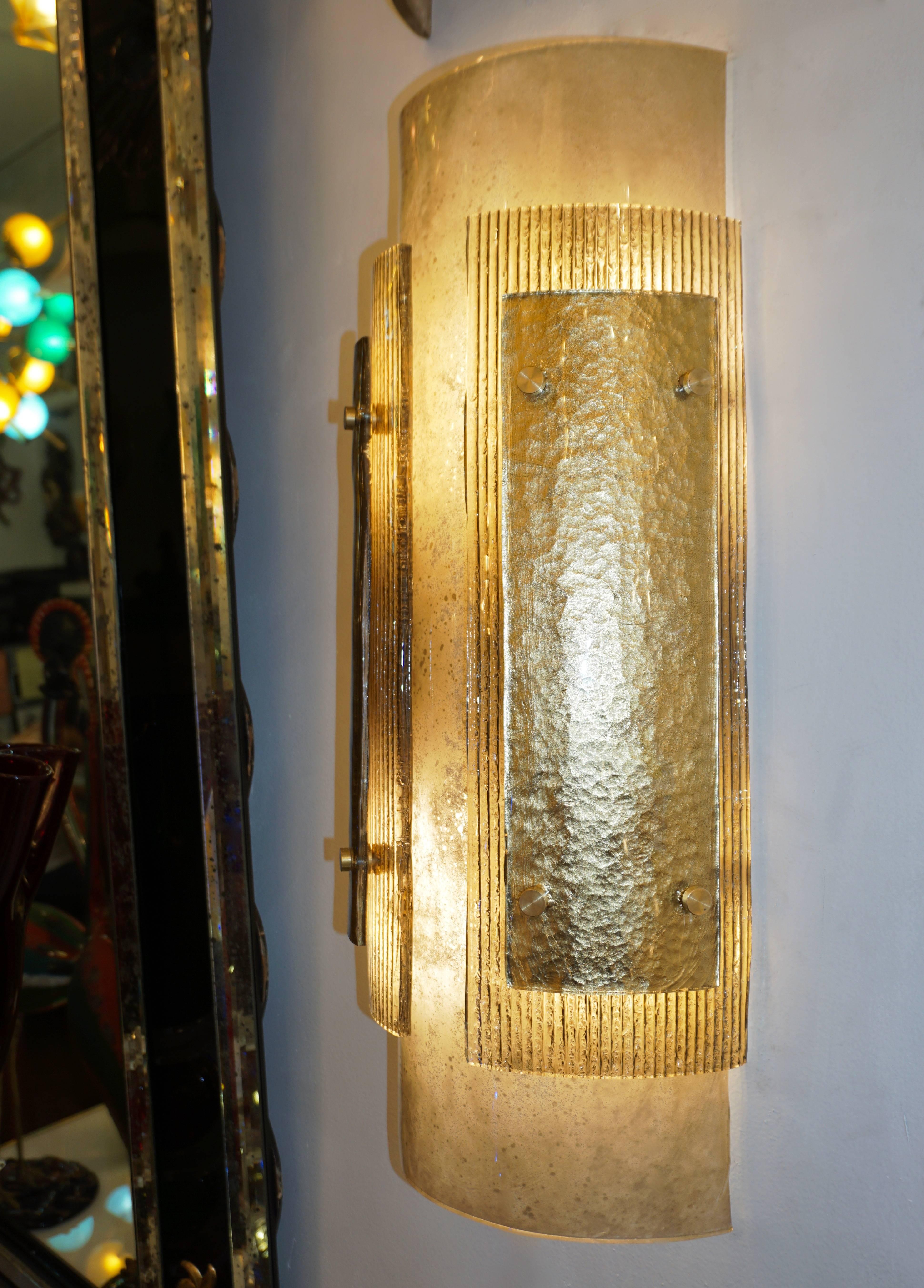 Organic Modern Italian Pair of Modern Gold Smoked Gray and Frosted Ivory Murano Glass Sconces For Sale