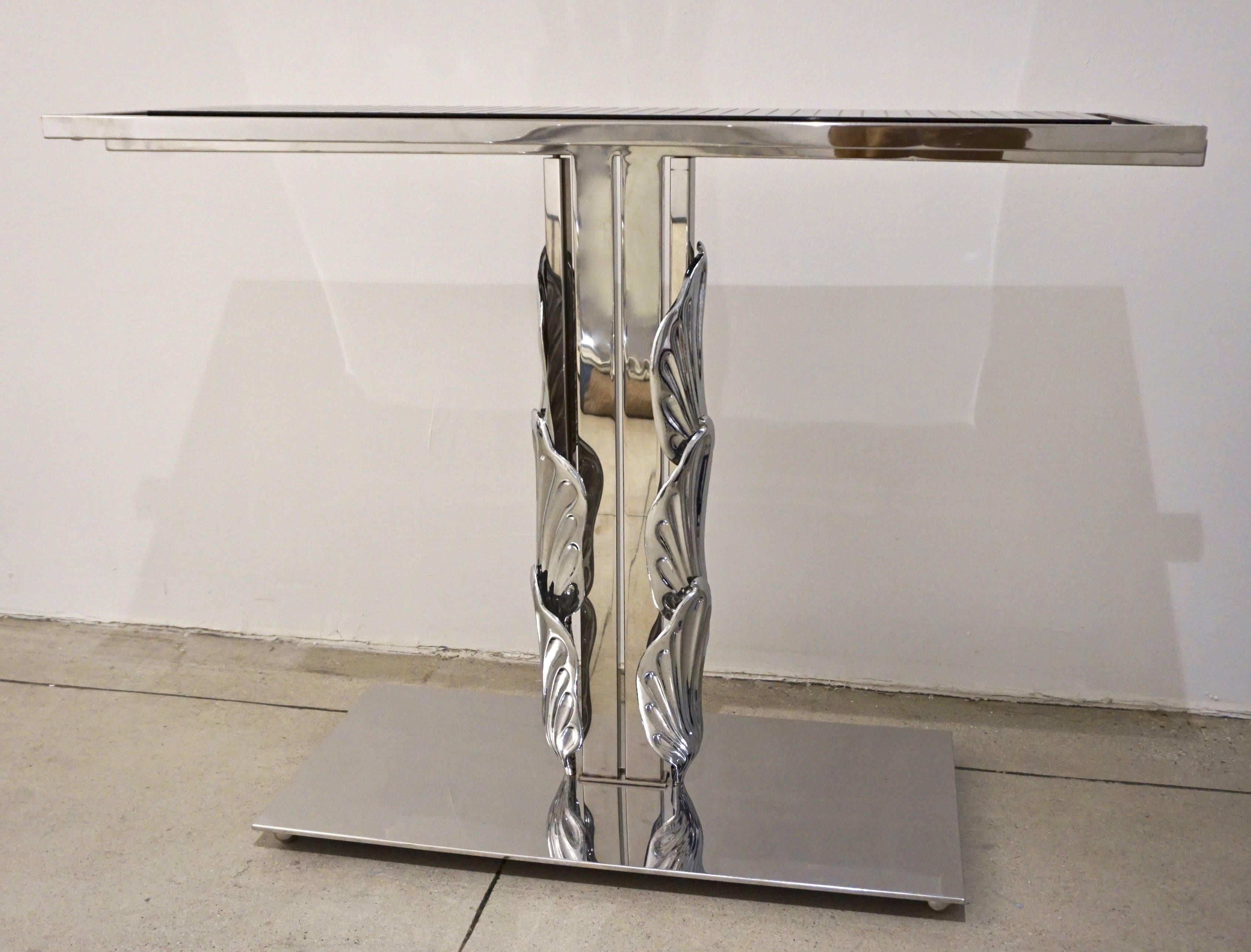 Italian Contemporary Polished Chrome and Black Glass Console with Shell Motif 1