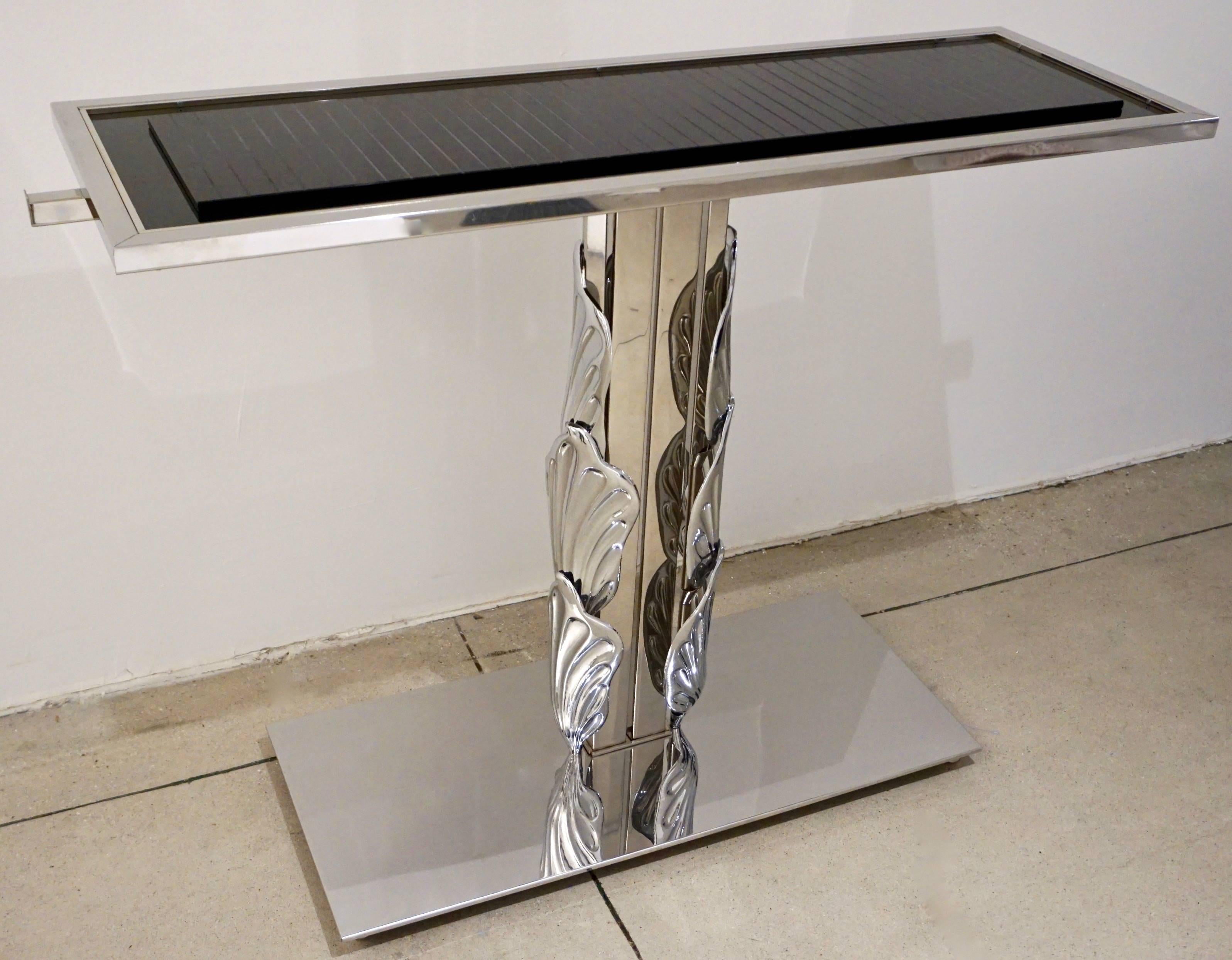 Engraved Italian Contemporary Polished Chrome and Black Glass Console with Shell Motif
