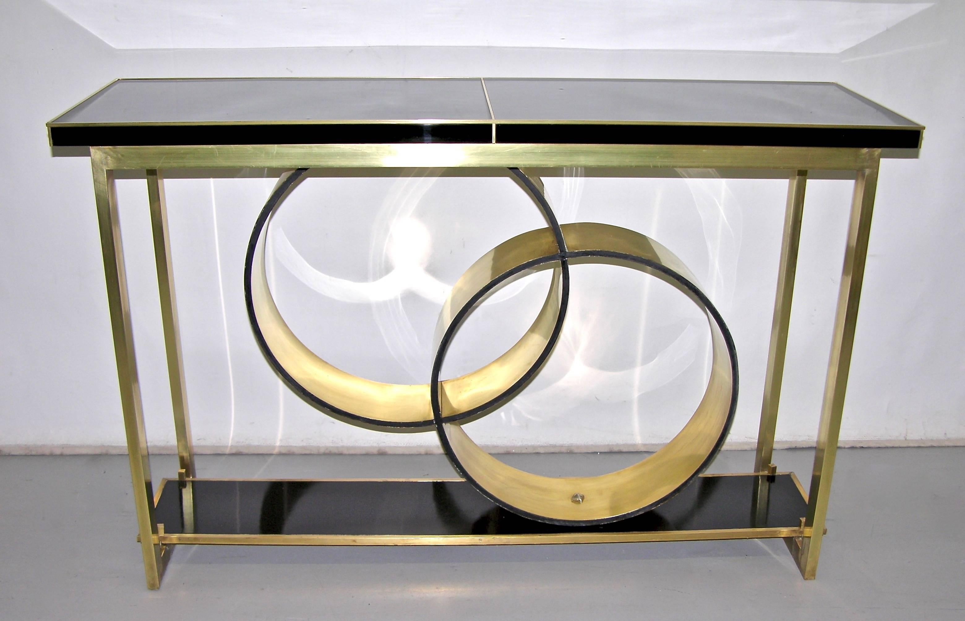 Glass 1970s Italian Modern Brass and Black Central Console