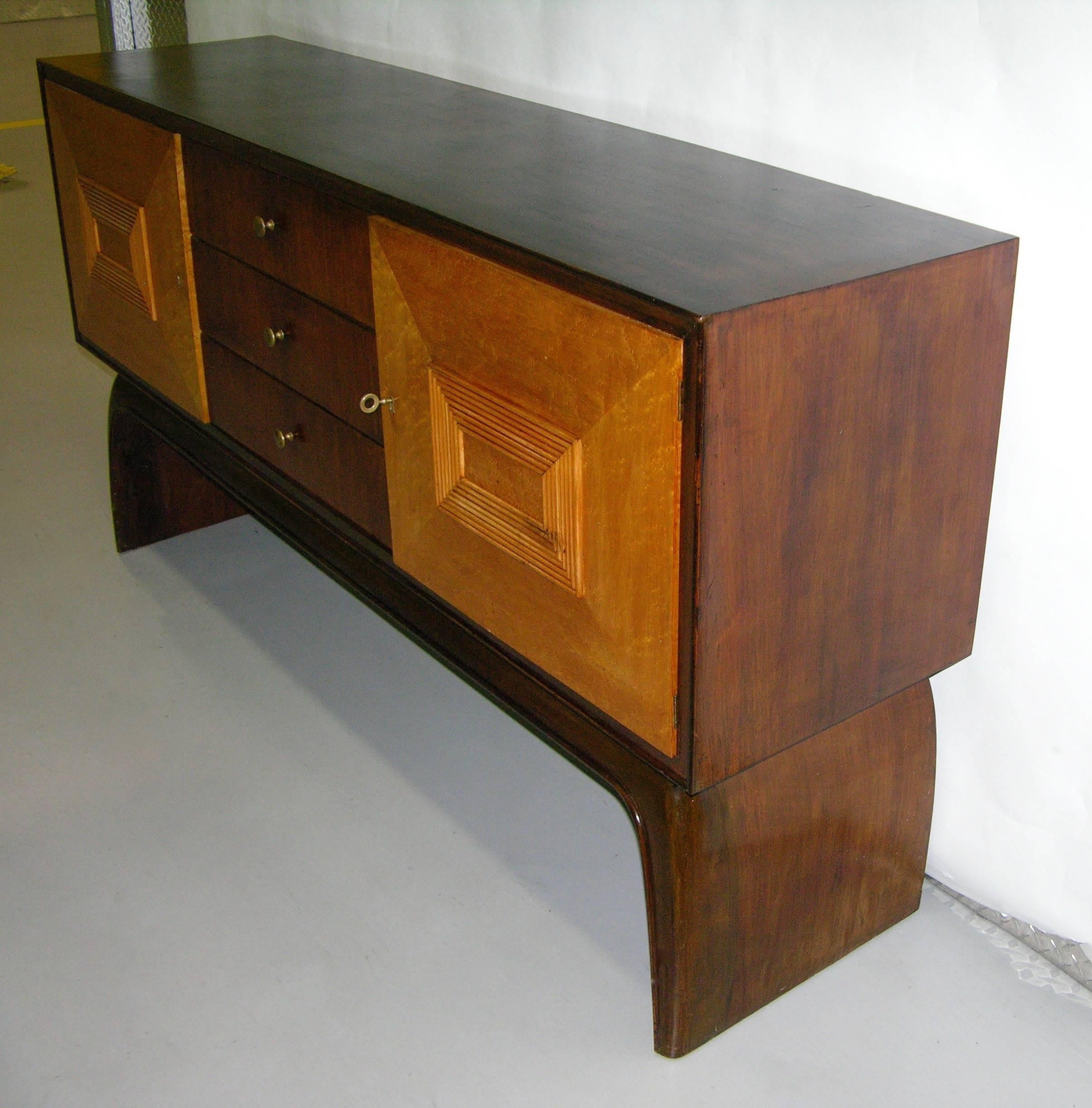 Veneer 1930 Italian Antique Art Deco Two-Tone Rosewood and Burl Maple Sideboard/Console