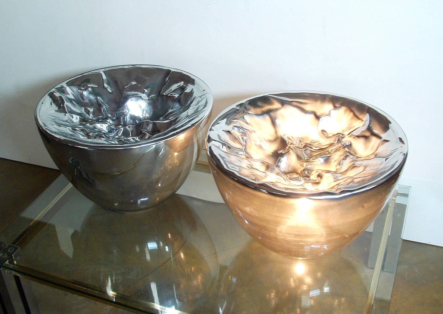 Hand-Crafted Carlo Nason Italian Large Modern Pair of Ruffled Silver Glass Bowls Lamps For Sale
