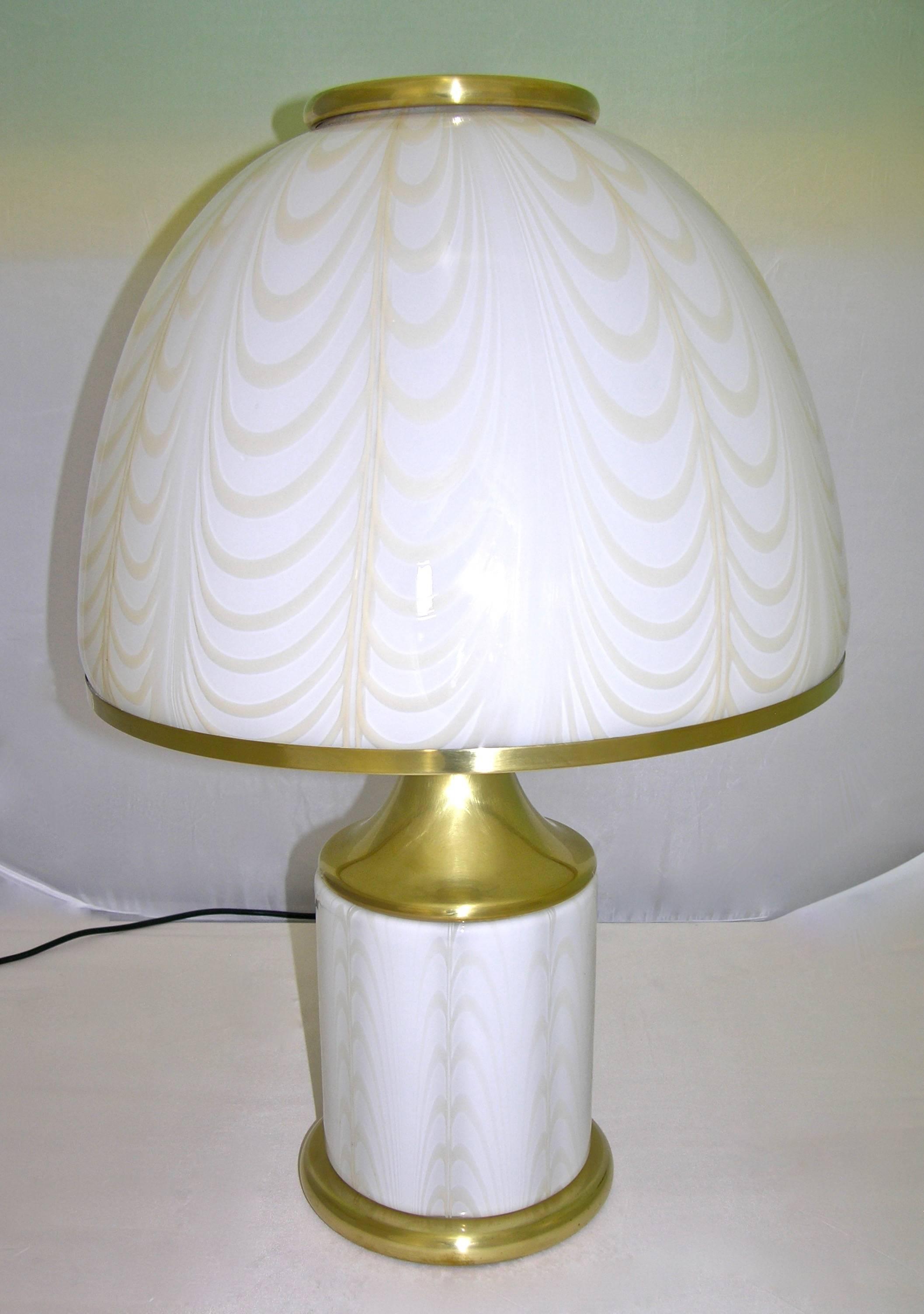 1970s Fabbian by Mazzega Double Lit White and Gold Glass Round Table Lamp 1
