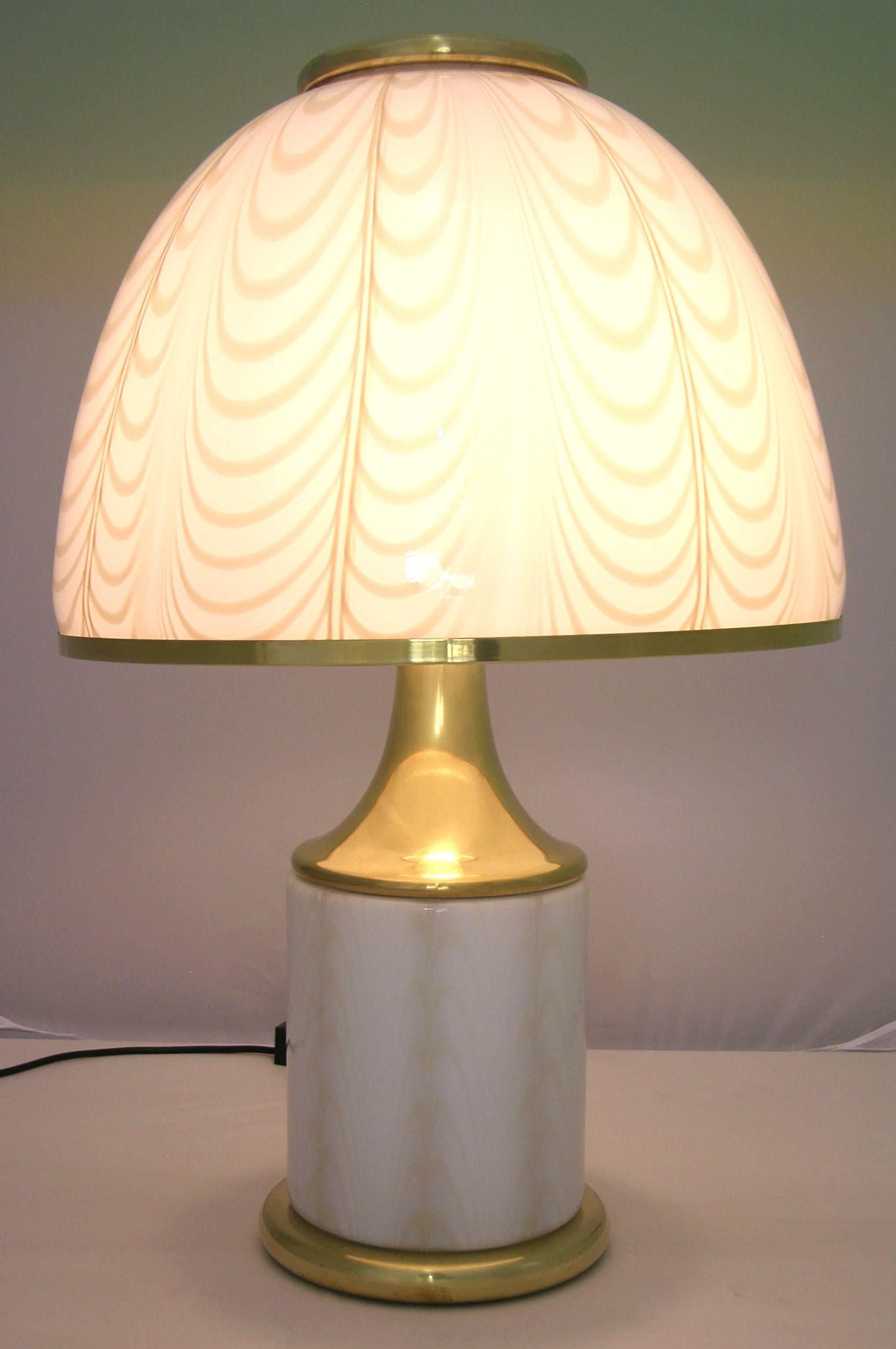 Mid-Century Modern 1970s Fabbian by Mazzega Double Lit White and Gold Glass Round Table Lamp