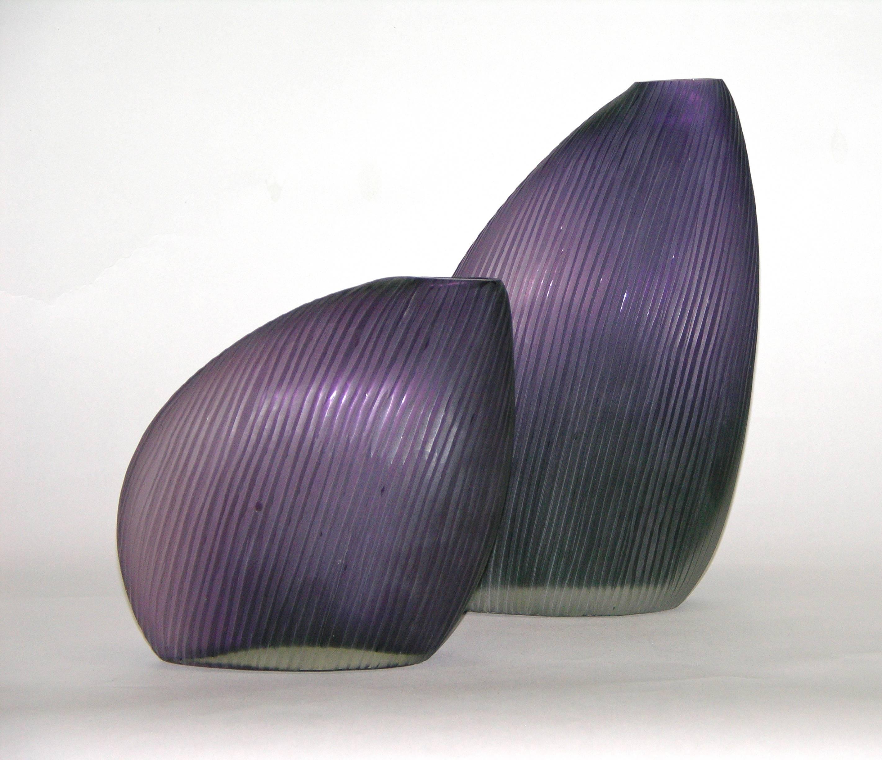 Vistosi 1970s Italian Modern Pair of Organic Purple Murano Glass Vases 1